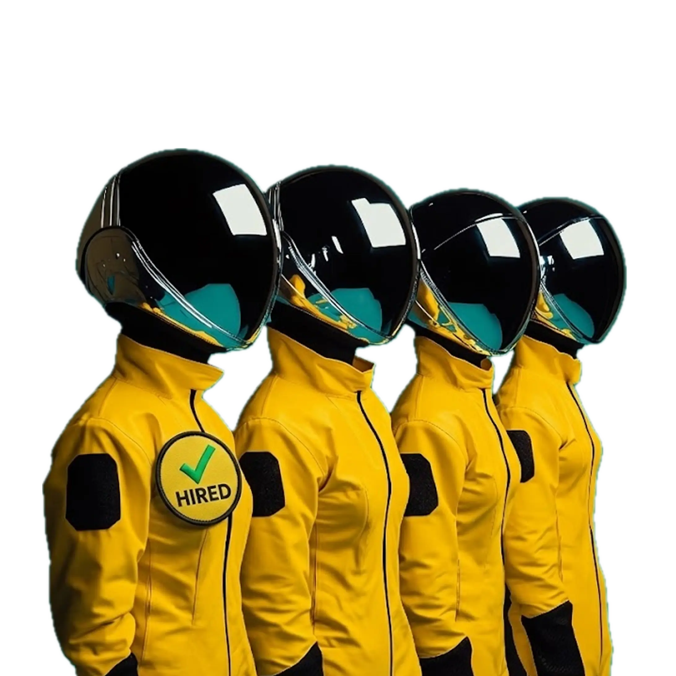 Vier Personen in gelben Jacken und schwarzen Motorradhelmen stehen in einer Reihe, die vorderste Person trägt ein Abzeichen mit dem Text 'HIRED' und einem grünen Haken.