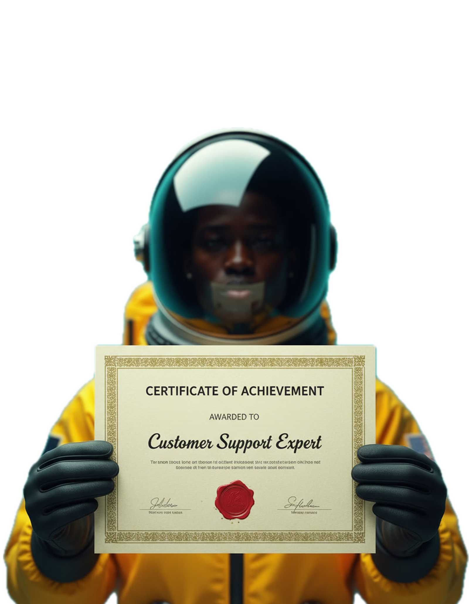Person in orange spacesuit holding a certificate of achievement awarded to Customer Support Expert.