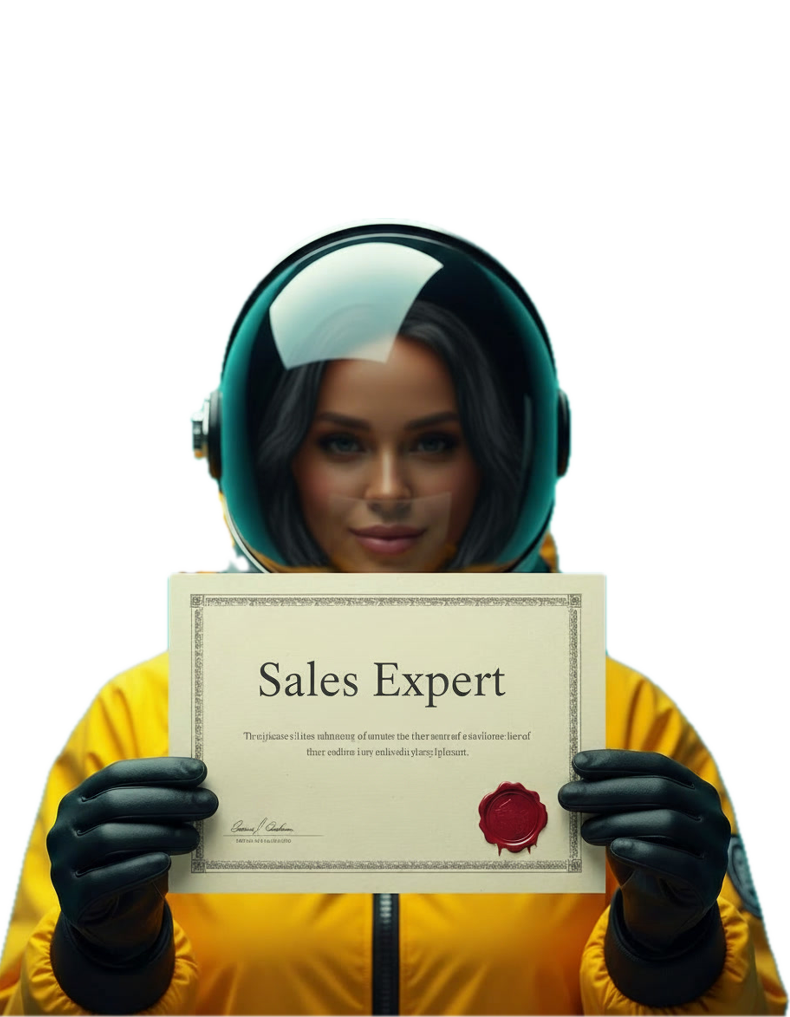 Frau in gelbem Schutzanzug und Astronautenhelm hält ein Zertifikat mit der Aufschrift Sales Expert.
