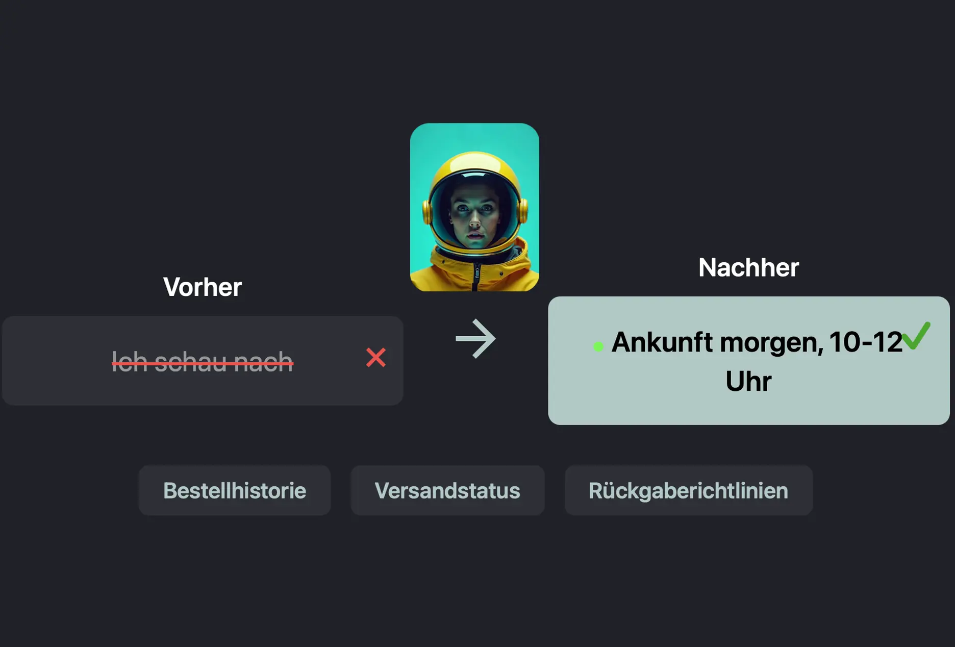 Links durchgestrichener Text 'Ich schau nach' mit rotem Kreuz, rechts Text 'Ankunft morgen, 10-12 Uhr' mit grünem Häkchen, dazwischen Foto einer Person im gelben Raumanzug und Pfeil nach rechts, darunter Buttons mit den Beschriftungen Bestellhistorie, Versandstatus und Rückgaberichtlinien.
