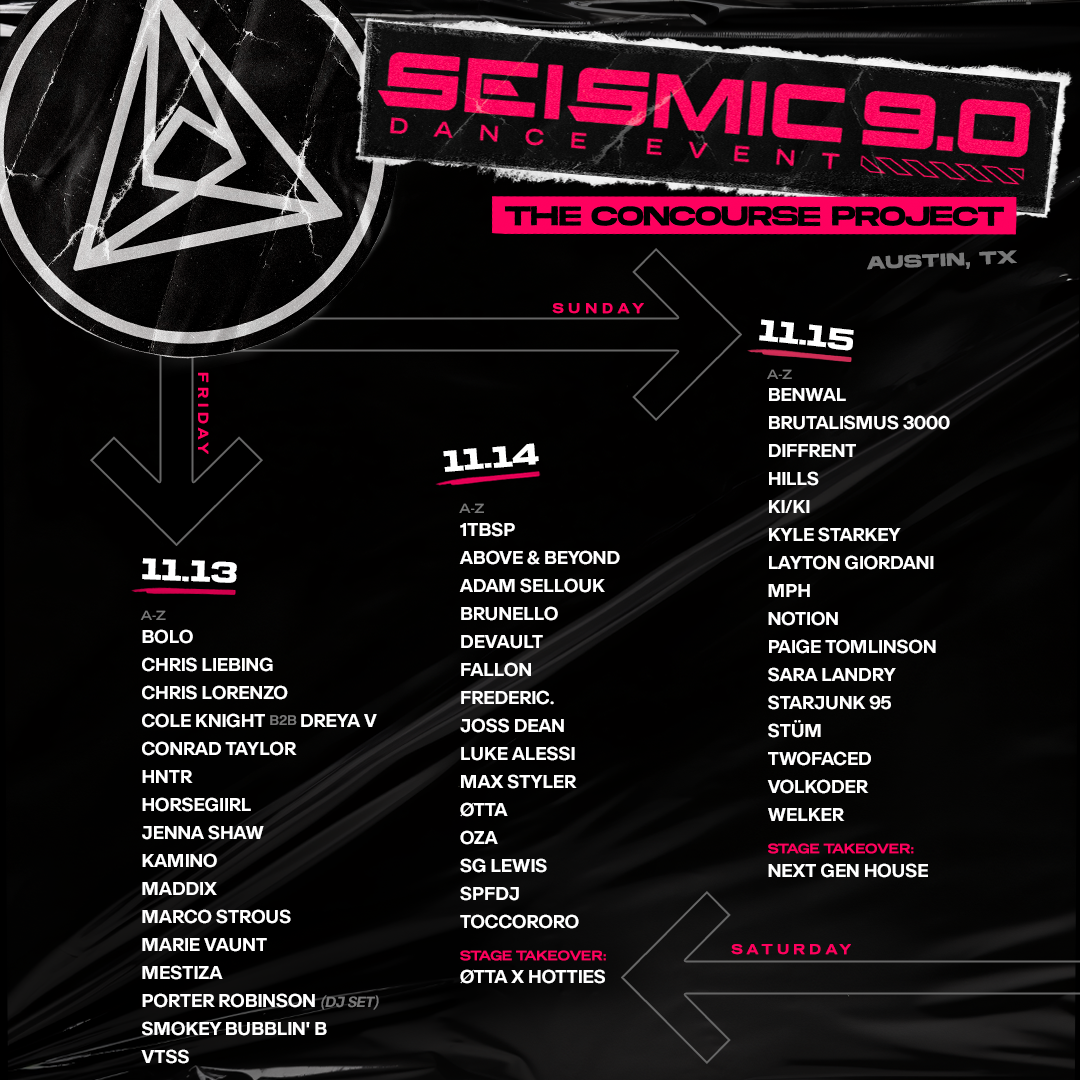 Seismic 9.0 day-by-day lineup poster for November 13–15, 2026