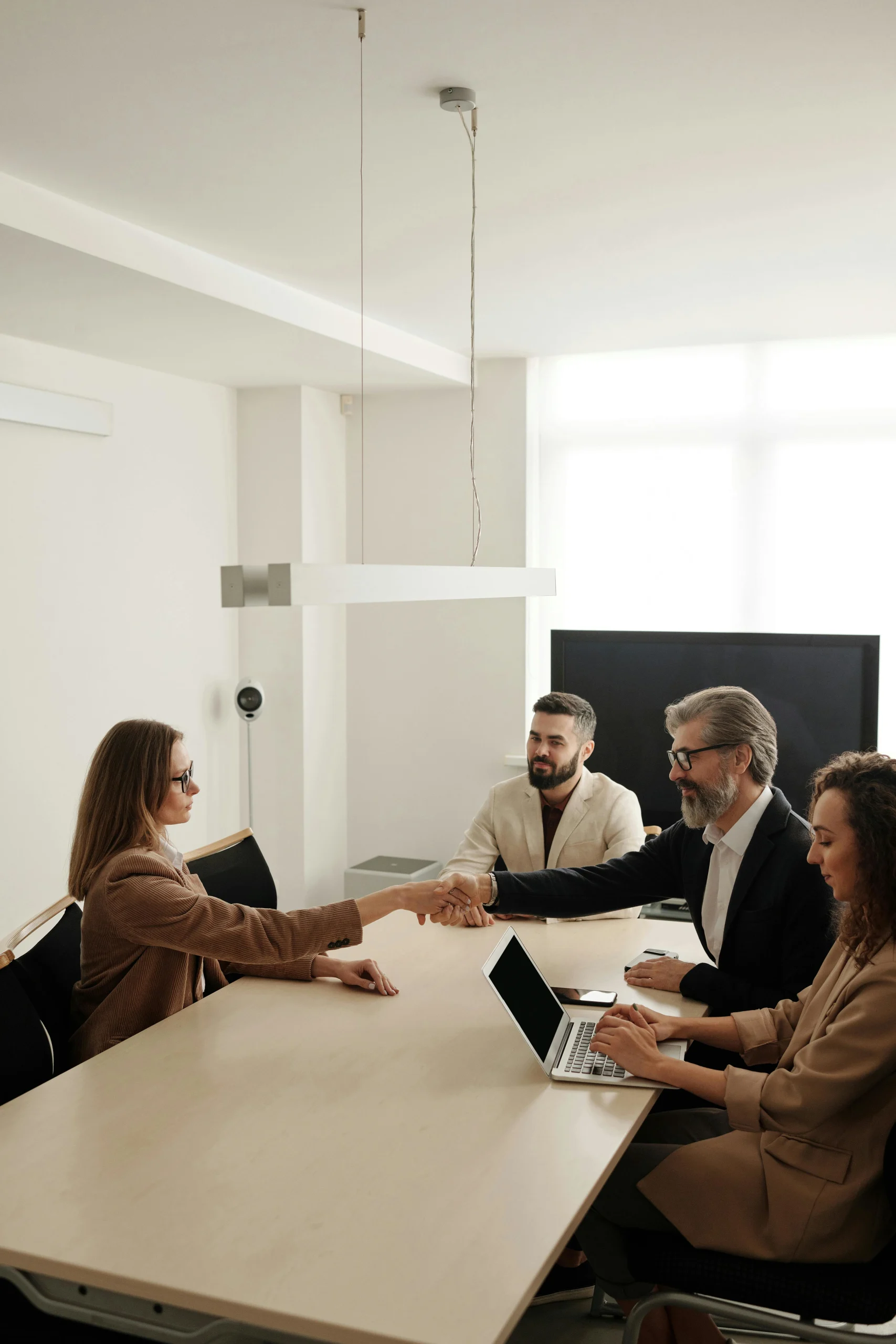 Business professionals shaking hands during meeting in modern office
