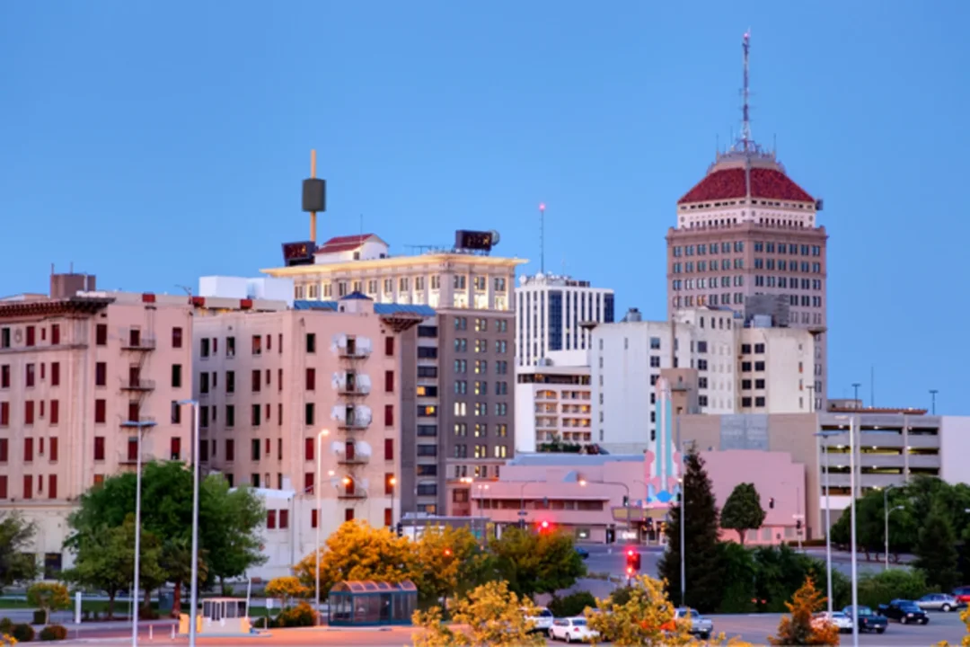 Fresno downtown skyline with tall buildings and autumn-colored trees