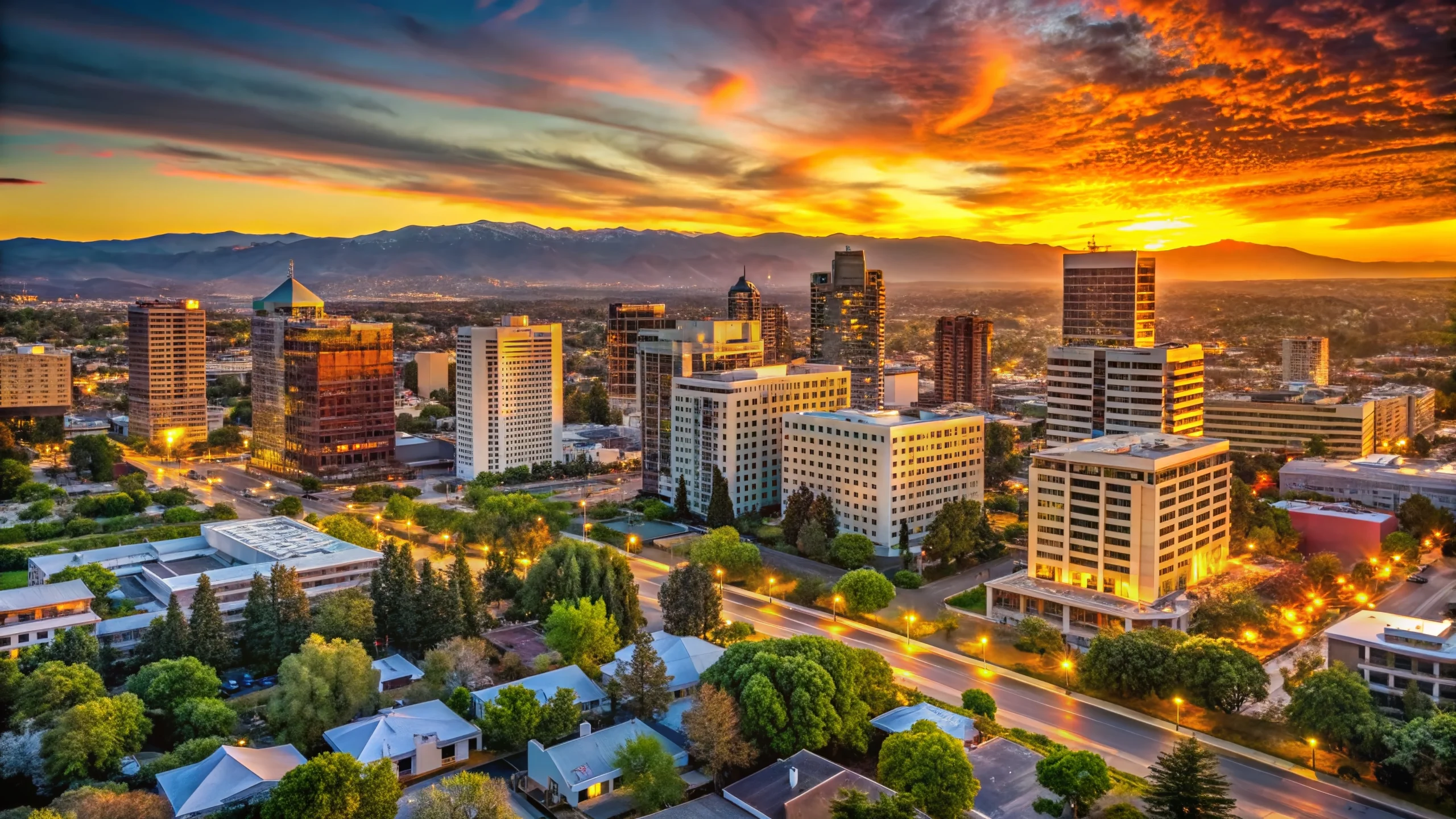 Aerial view of downtown San Jose at sunset with dramatic orange sky, modern buildings, and mountain range in background.