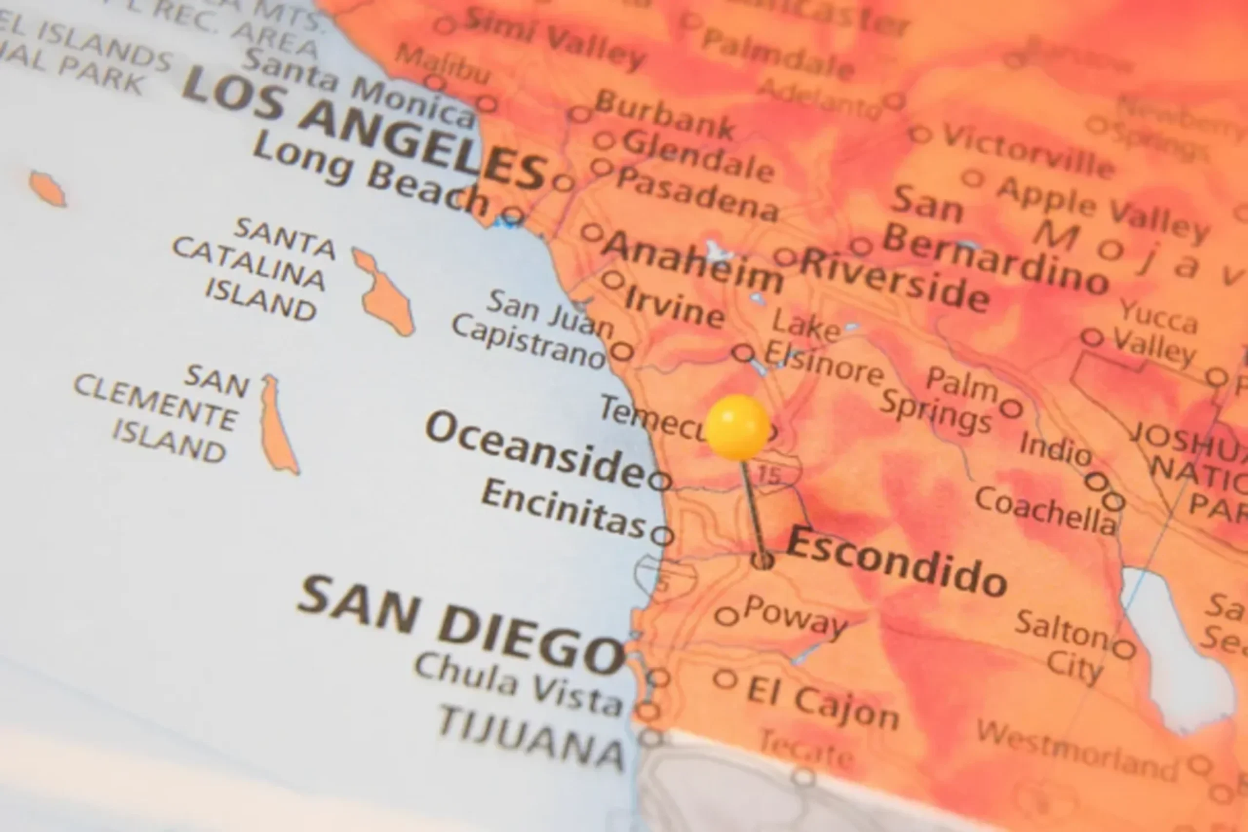 Map of Southern California with yellow pin marking Temecula area between Los Angeles and San Diego