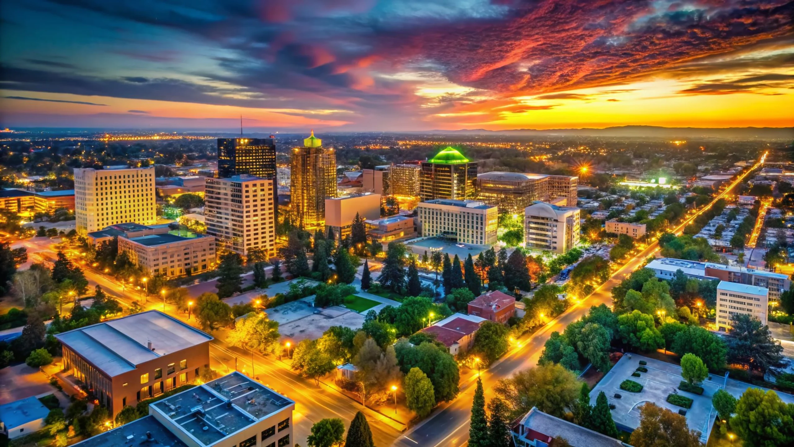 Aerial view of downtown city skyline at sunset with illuminated buildings, streets, and dramatic orange and blue sky.