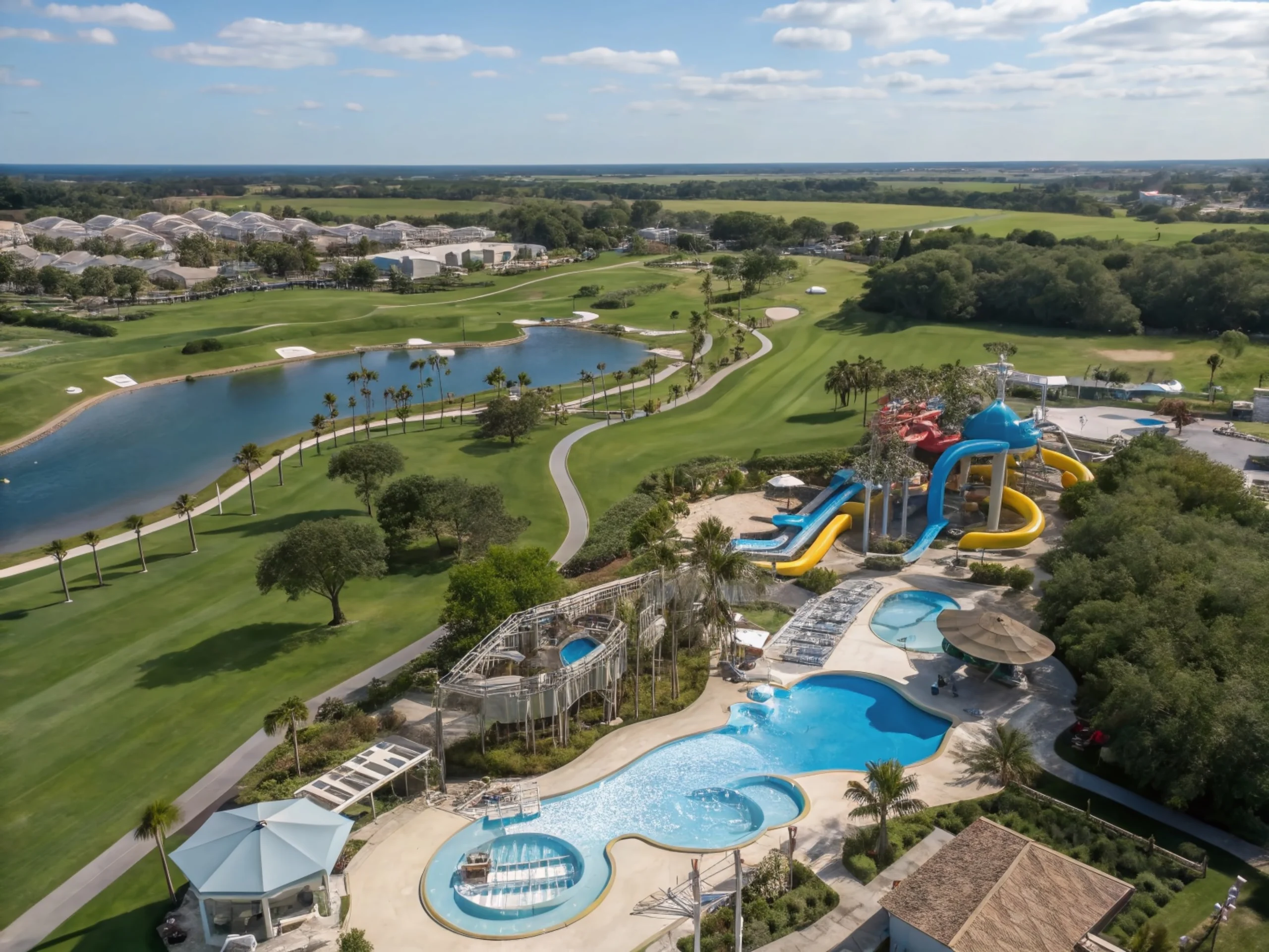 Aerial view of a resort with water park slides, multiple pools, and golf course surrounding a large lake with palm trees.