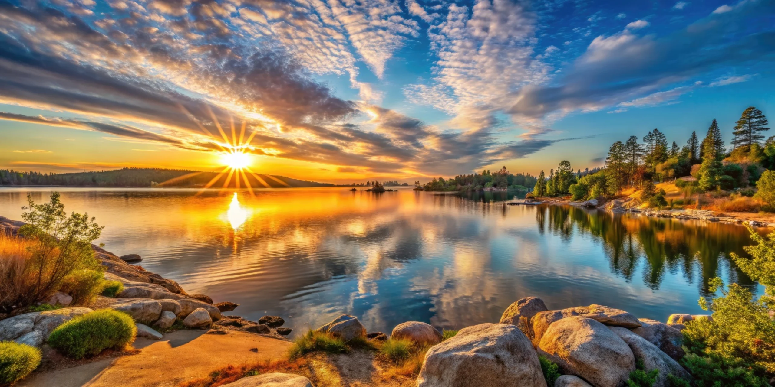 Stunning sunset reflecting in a calm lake surrounded by rocks and trees in a natural landscape setting.