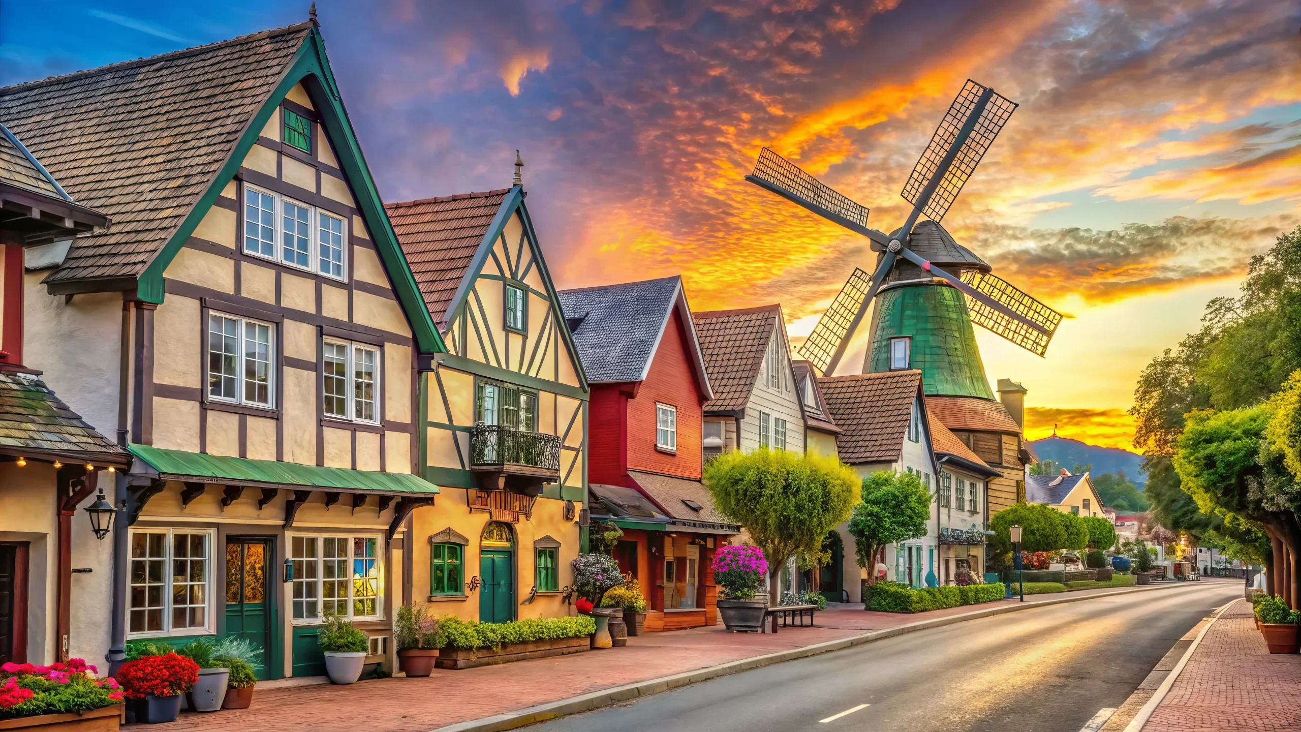 A charming European-style village street in Solvang, CA with colorful half-timbered buildings and a traditional windmill against a dramatic sunset sky.
