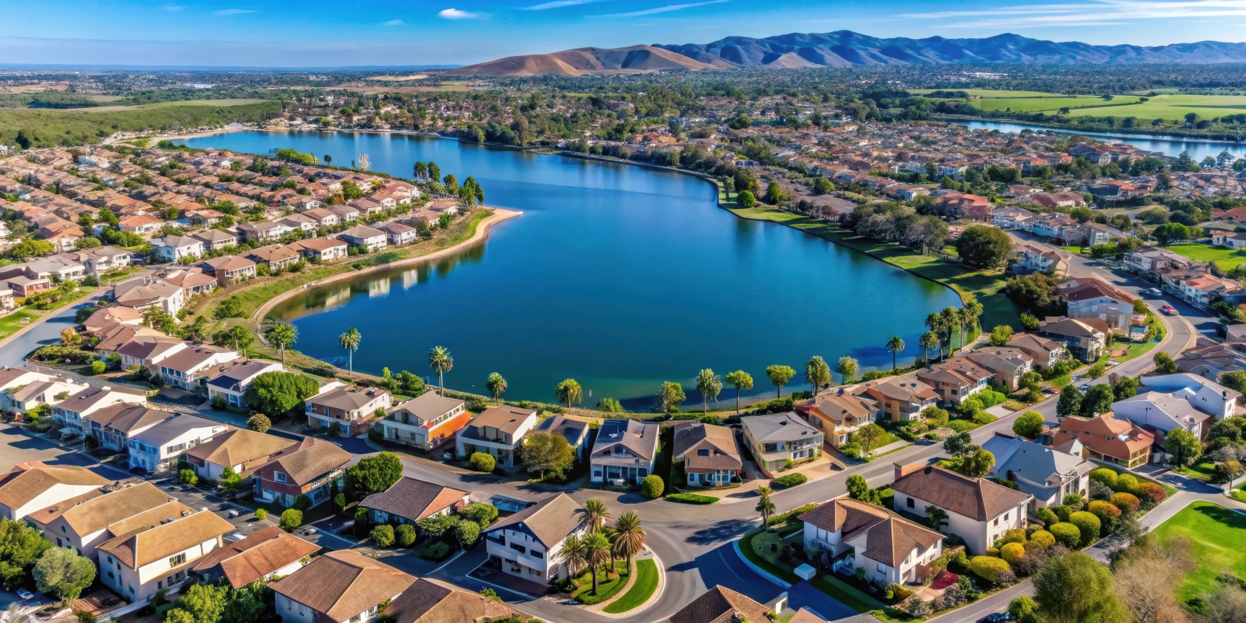 Aerial view of lakefront suburban neighborhood with homes surrounding a large blue lake, mountains in background.