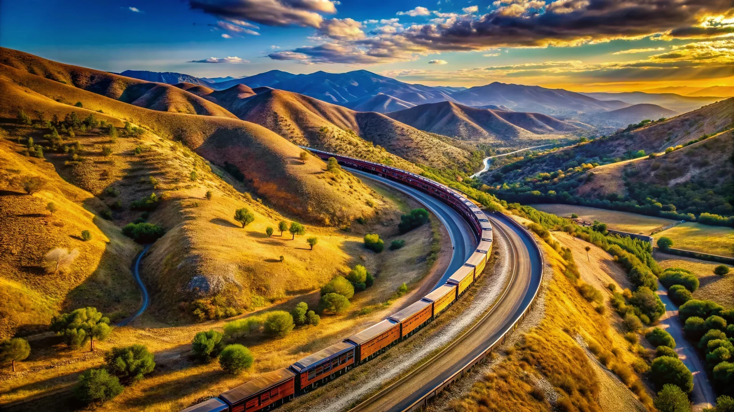 A freight train winds through golden rolling hills at sunset, following a river through a dramatic mountain valley landscape.