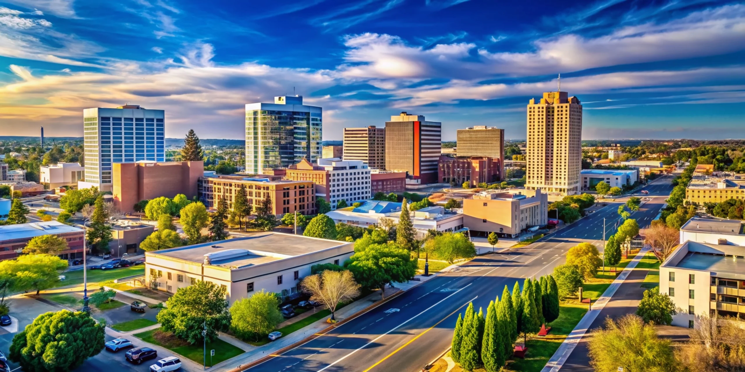 Aerial view of a mid-sized city skyline with modern office buildings under a dramatic blue sky with white clouds at sunset.