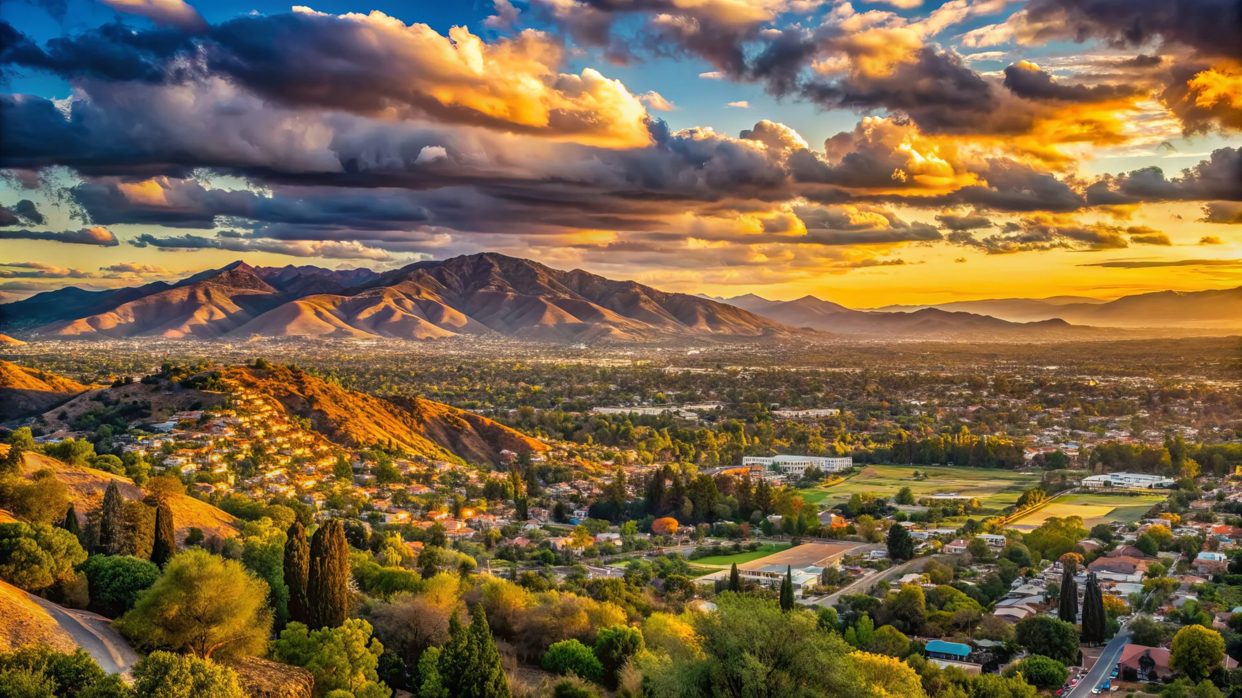 Dramatic sunset over a desert valley town with mountains in the background, golden light illuminating hills and residential areas below.
