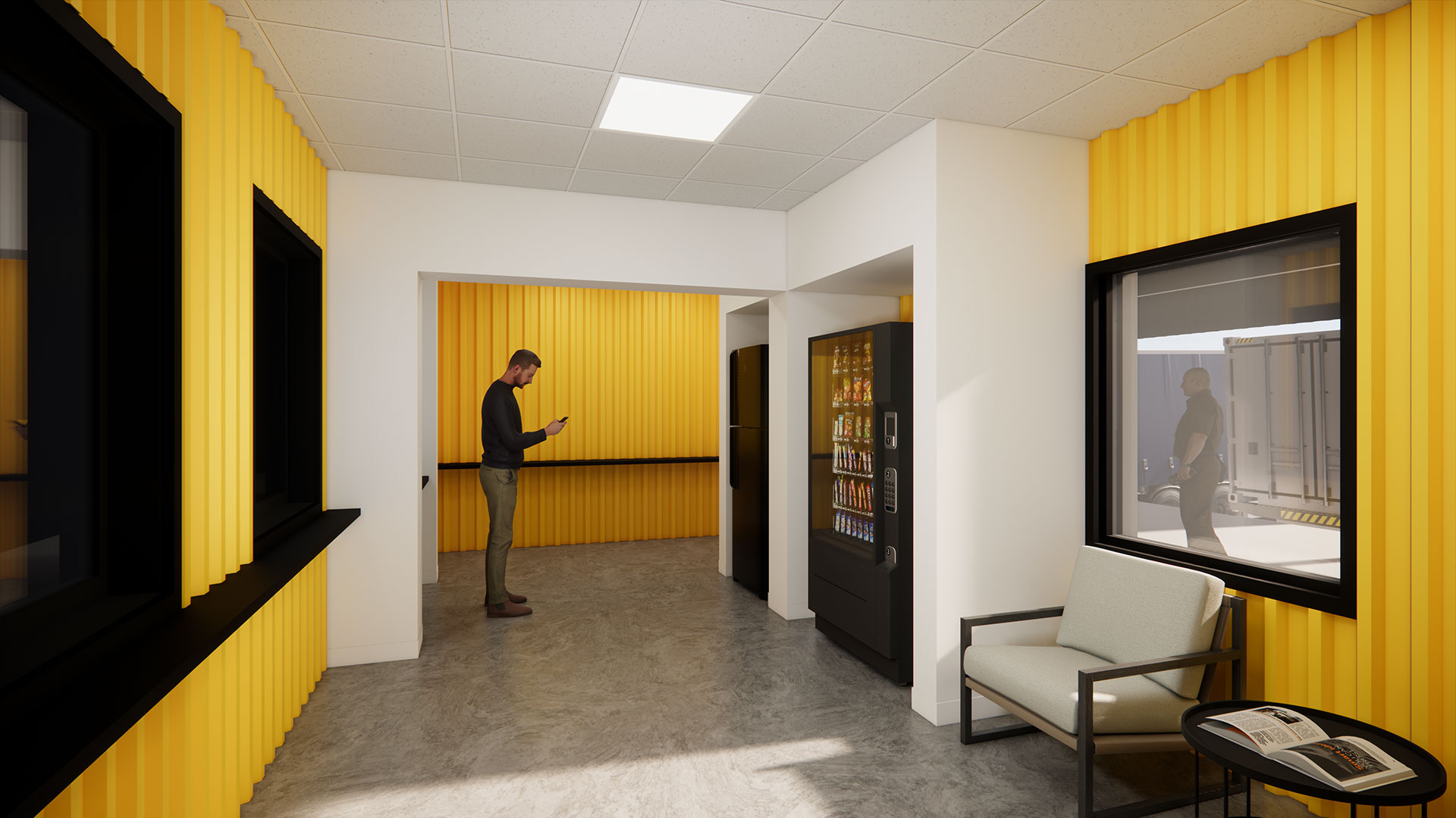 Interior view of CAT Greensboro by Ossa Studio, featuring yellow corrugated walls, modern furniture, and natural light for a functional workspace.
