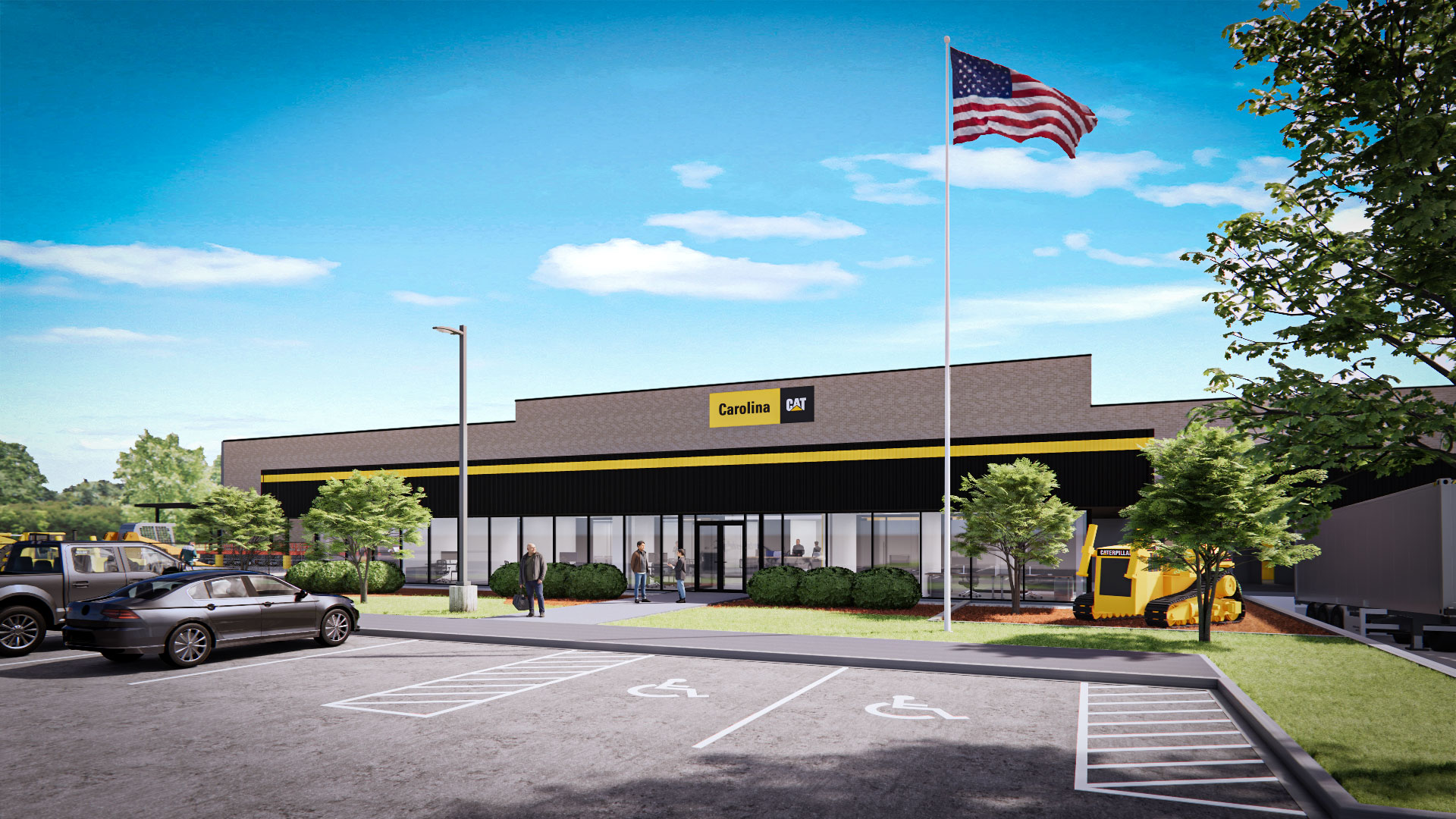 Front view of CAT Greensboro by Ossa Studio, featuring industrial architecture with metal panels, glass façade, and outdoor parking area.