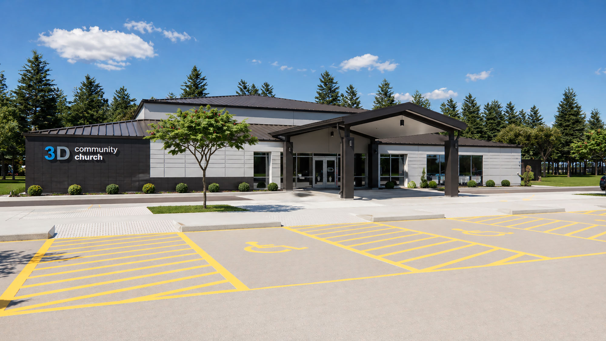 Contemporary worship center exterior by Ossa Studio featuring modern church architecture and entrance design