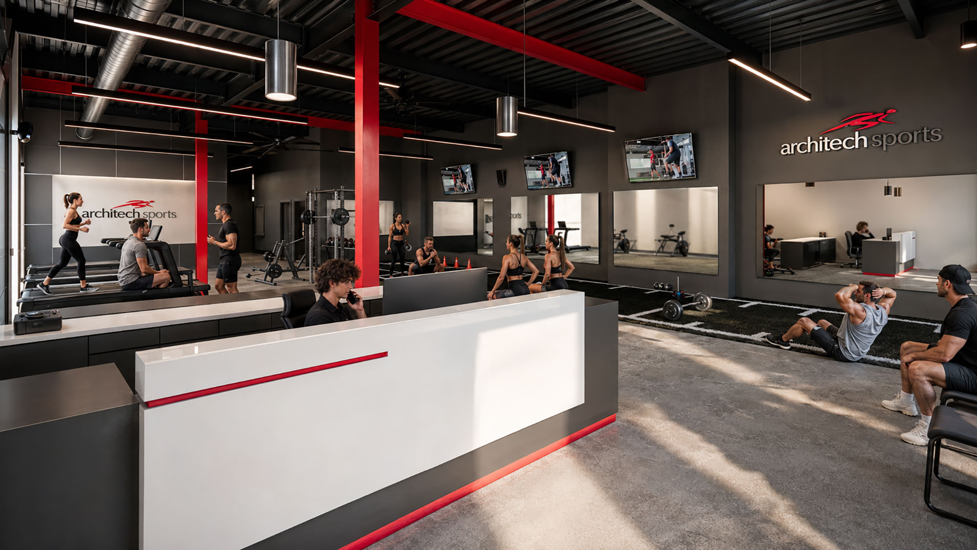 Modern fitness center interior architecture designed by Ossa Studio for Architech Sports gym project with premium training spaces and athletic environment.