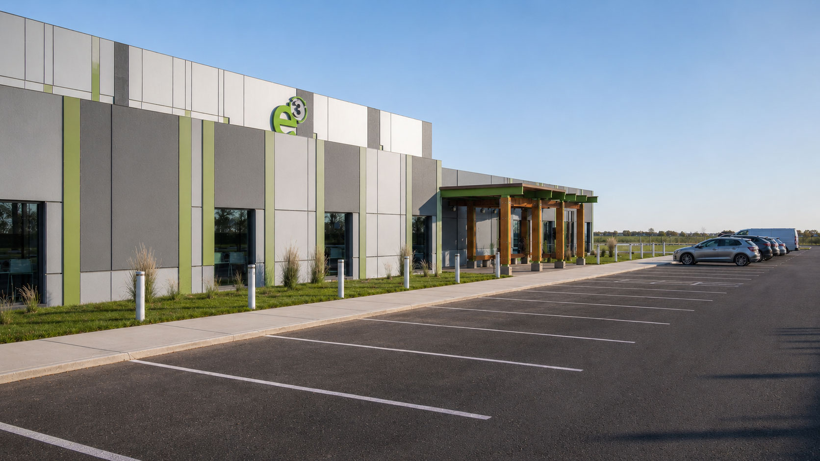 Modern warehouse and industrial facility architecture designed by Ossa Studio for eFactor Three in Lancaster SC with contemporary facade design.