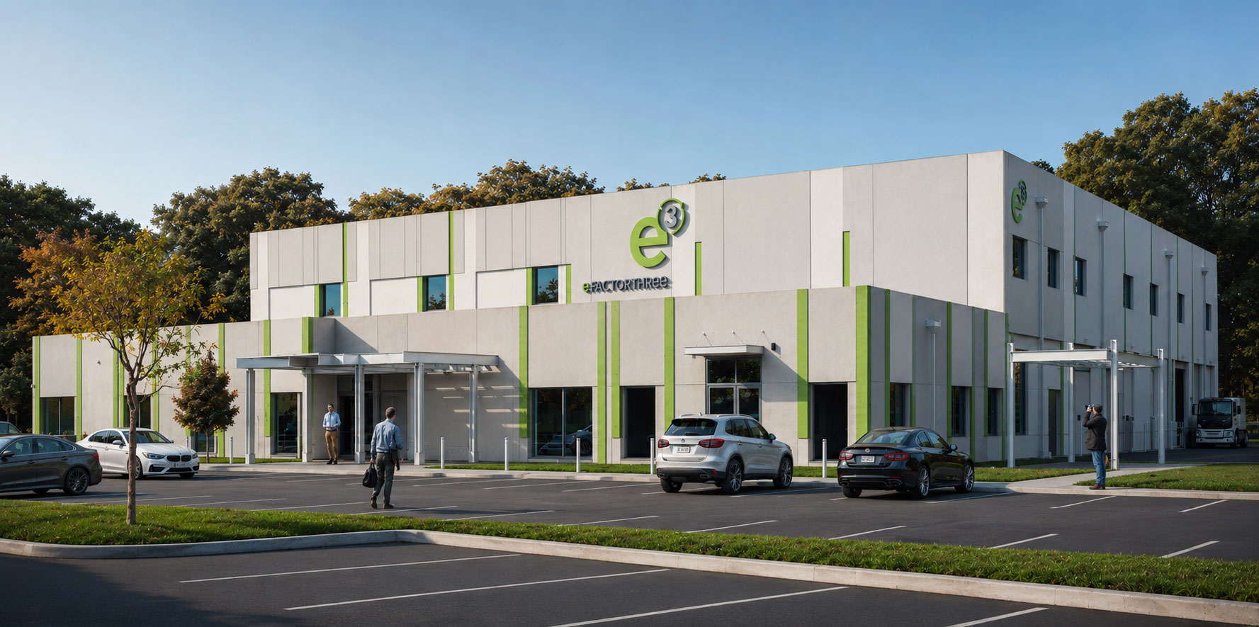 Contemporary industrial facility exterior by Ossa Studio for eFactor Three featuring modern commercial architecture and clean building design.