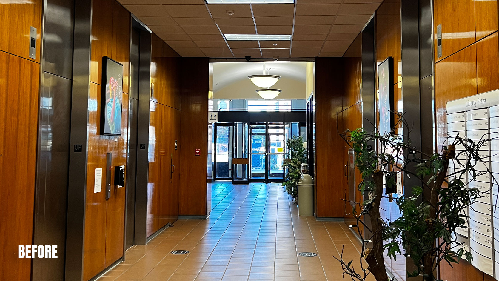 Original office and lobby spaces at Liberty Plaza before interior architecture renovation and commercial modernization by Ossa Studio