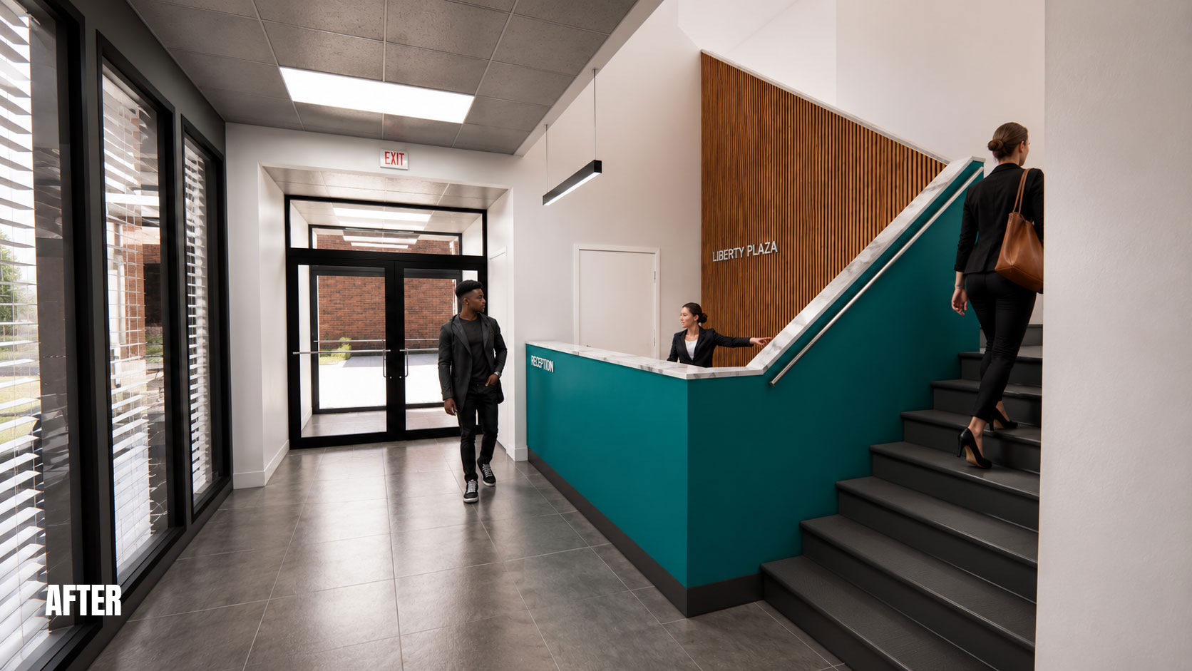 Modernized commercial interior architecture at Liberty Plaza designed by Ossa Studio after building repositioning and renovation in Winston Salem NC