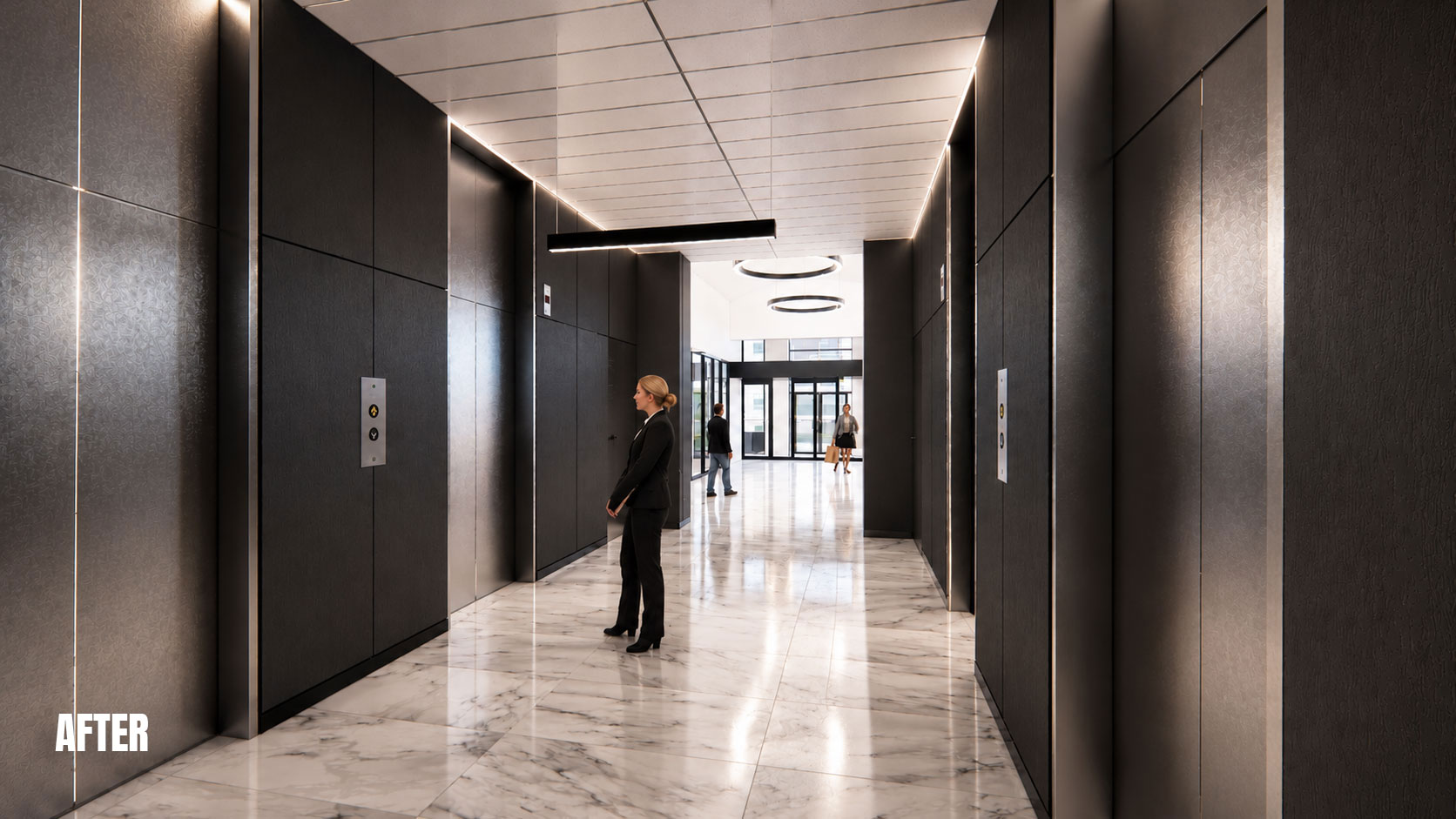 Renovated office and lobby interior at Liberty Plaza featuring contemporary architecture and commercial design by Ossa Studio.