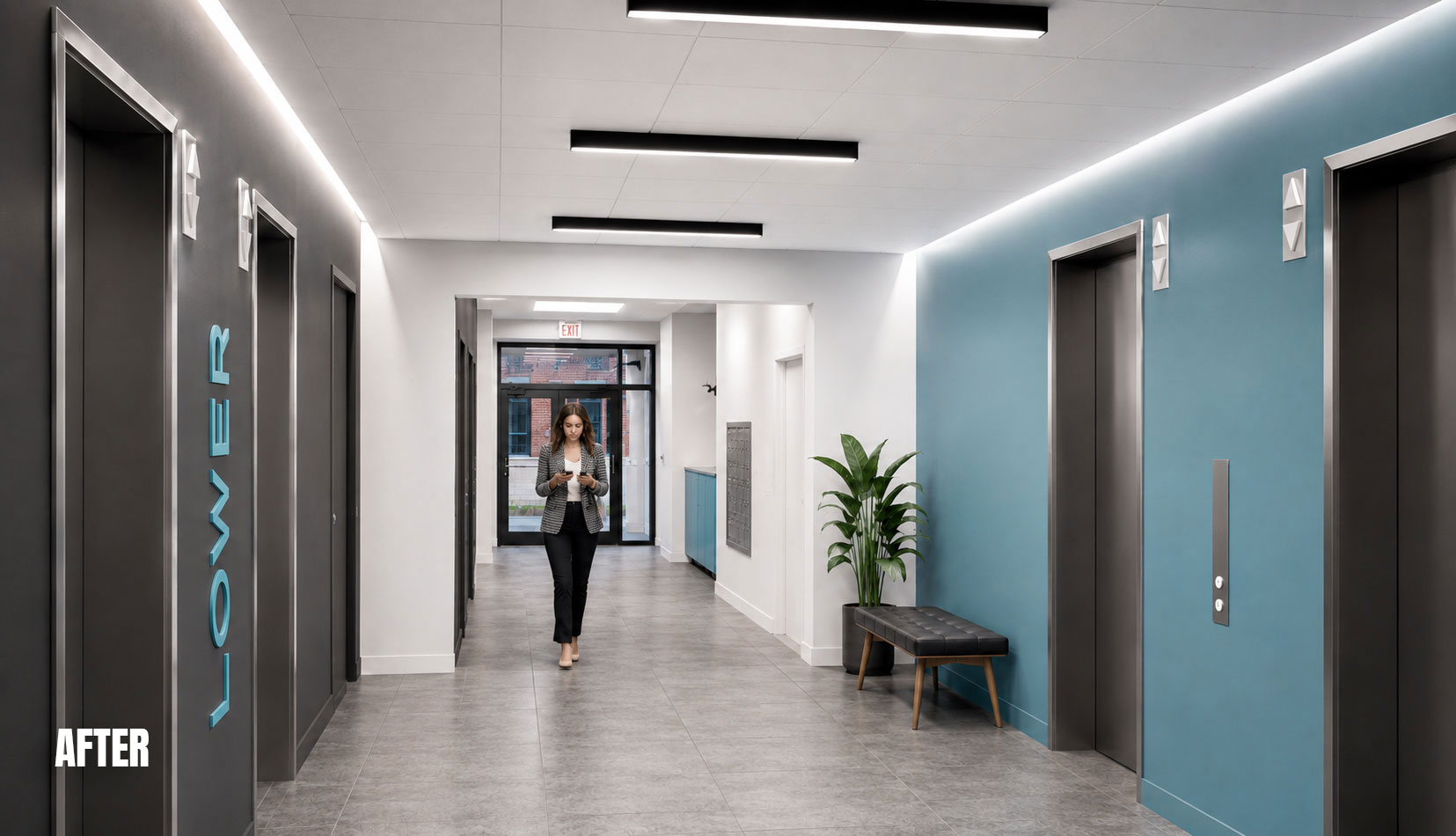 Updated Liberty Plaza commercial interior after renovation by Ossa Studio showcasing modern workspace and building repositioning design.