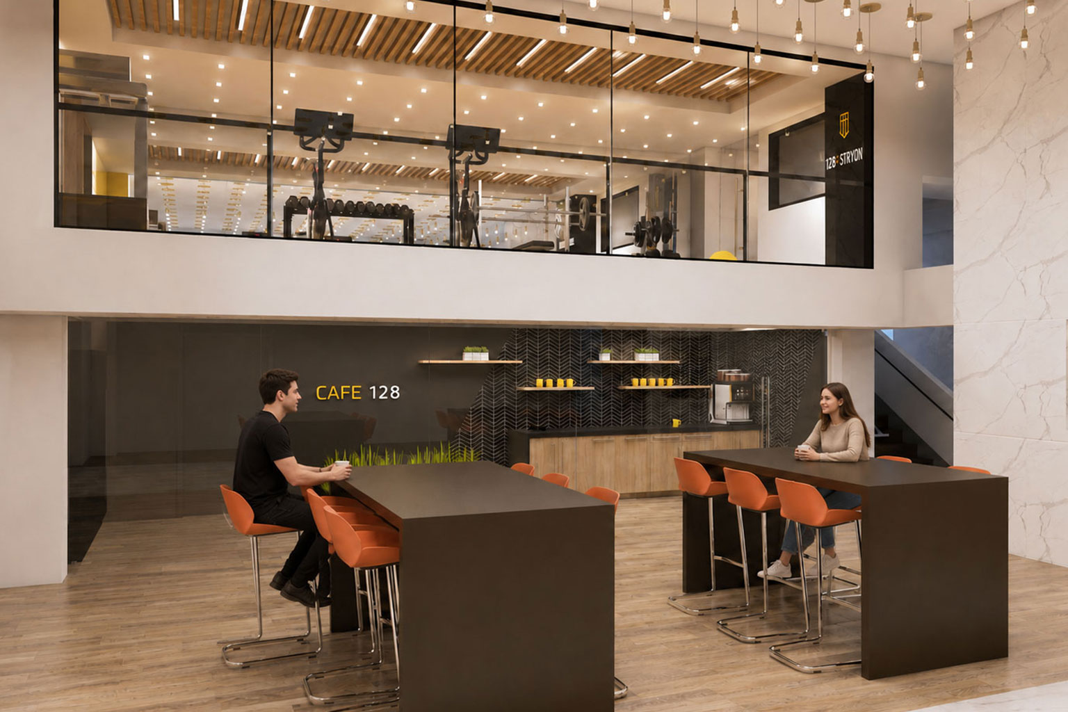 Cafe 128 refreshment area with custom millwork, coffee station, wood flooring, and contemporary workplace design by Ossa Studio.
