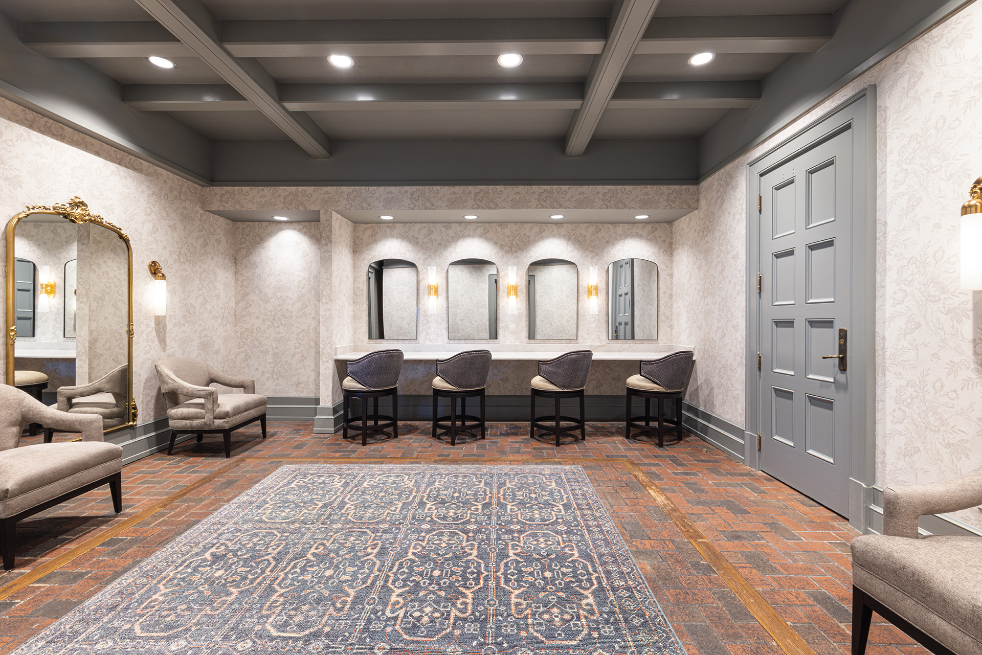Longview Country Club lounge renovation featuring a coffered ceiling, custom seating area, and traditional interior details by Ossa Studio.