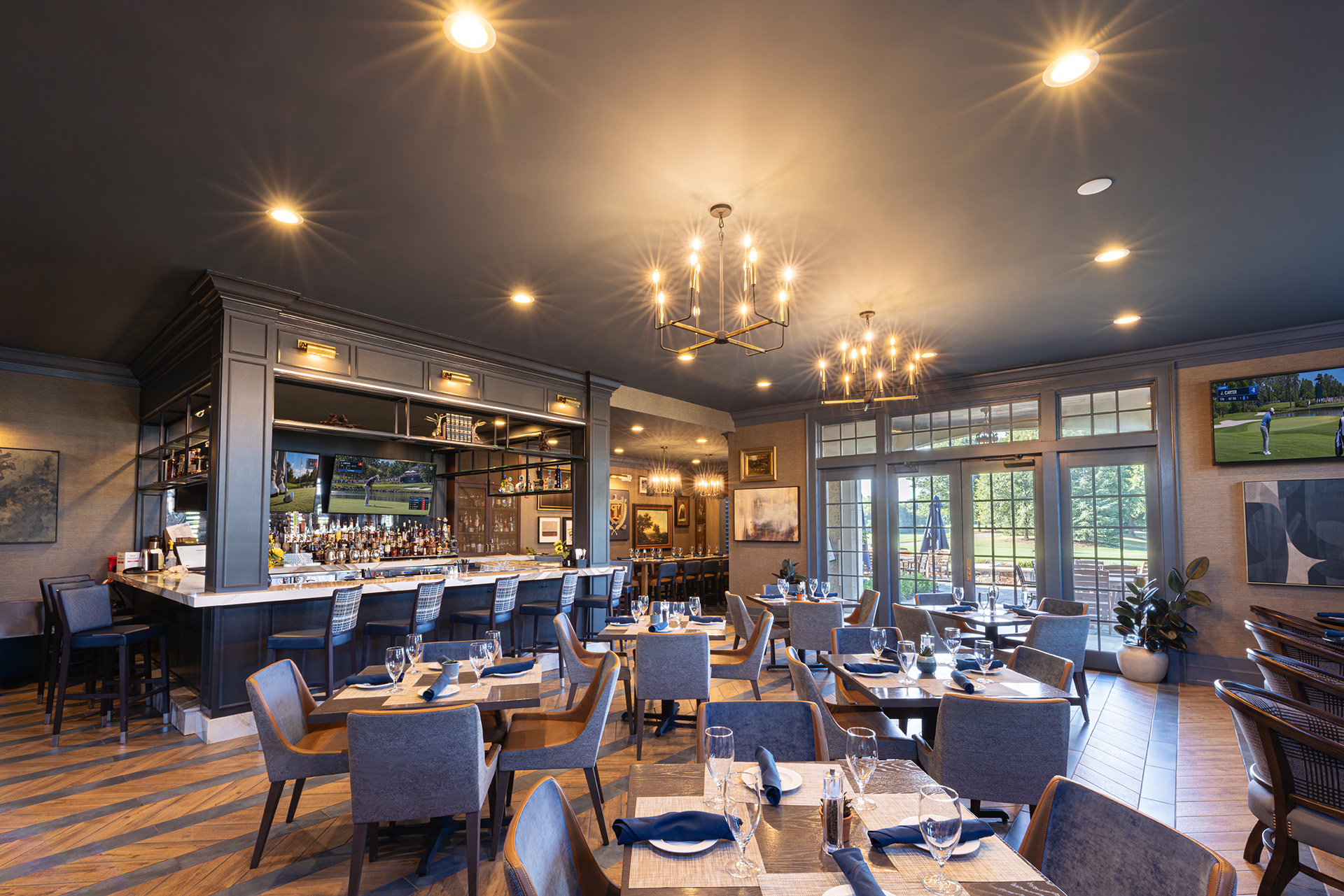 Longview Country Club bar and dining renovation in Waxhaw, NC, featuring custom millwork and expanded seating by Ossa Studio.