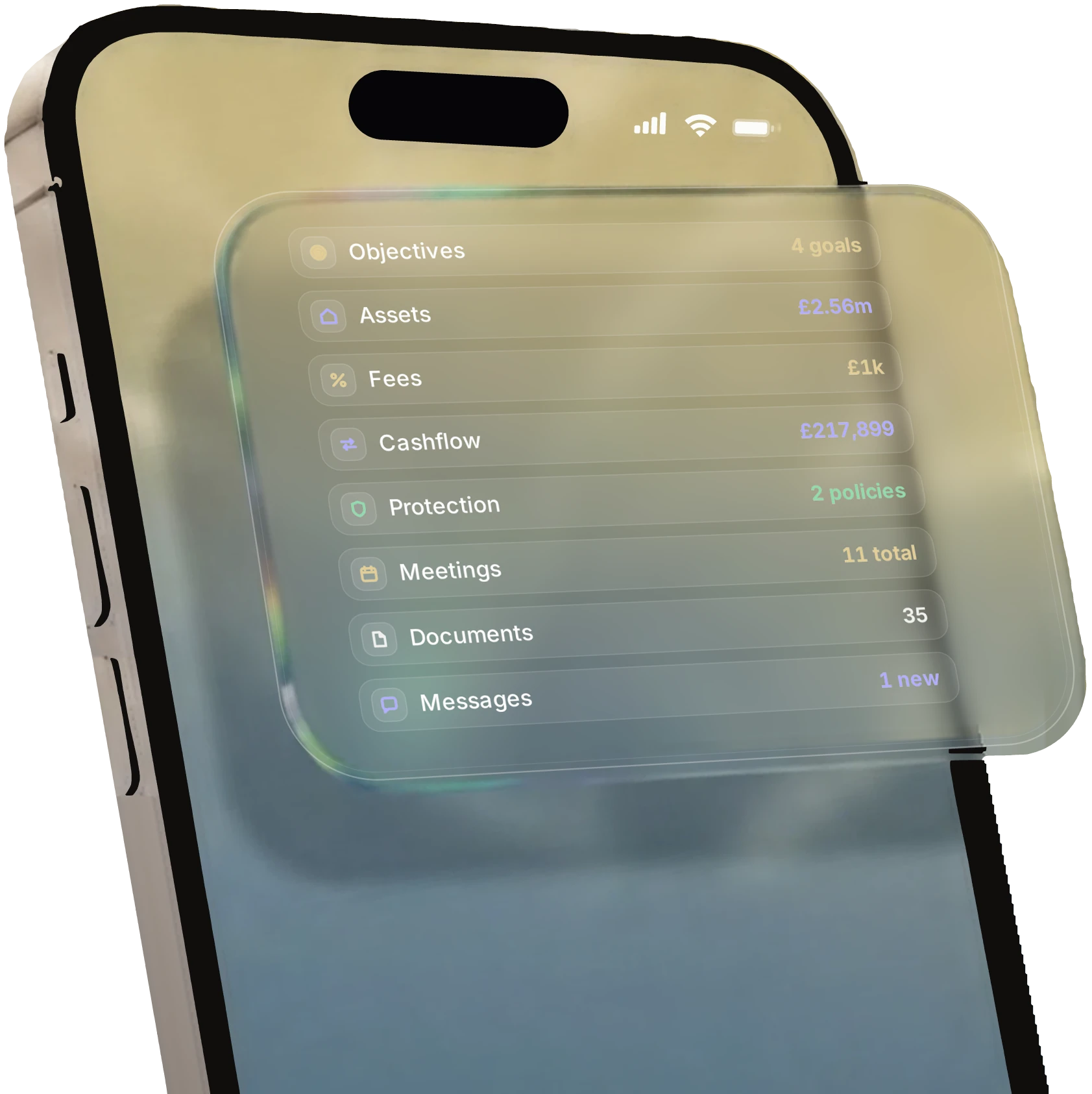 The Helix app showing objectives, assets, cashflow and documents