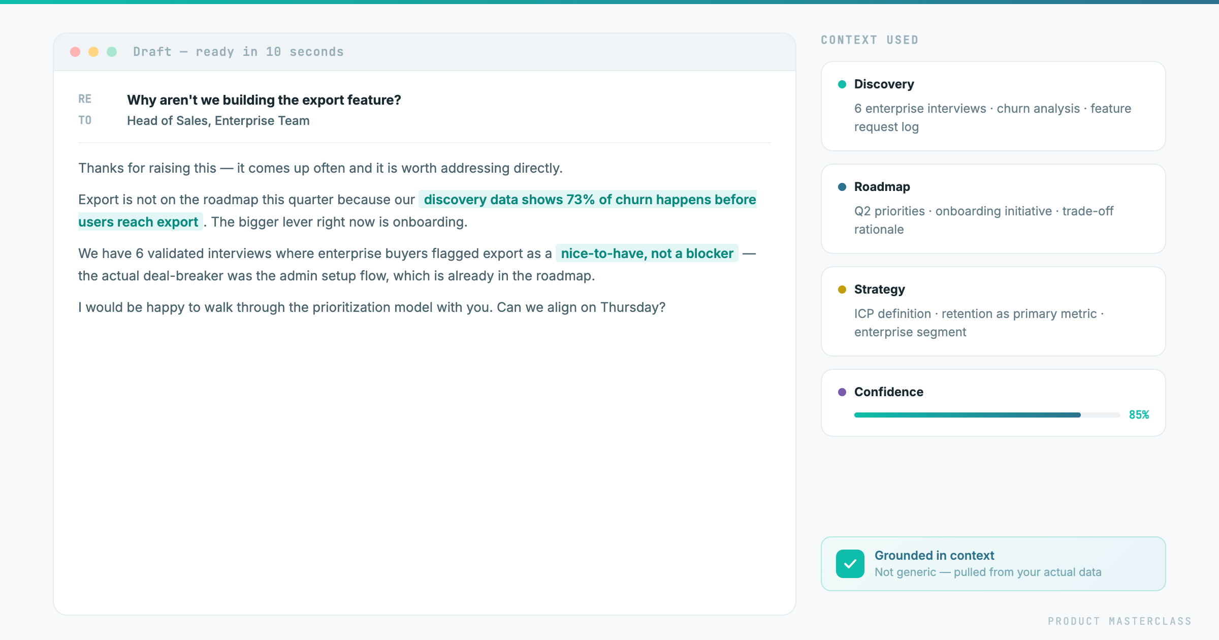 Stakeholder response drafted in 10 seconds from structured context