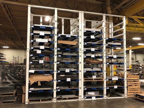 Four tower Work Cell Staging System for work in progress material storage