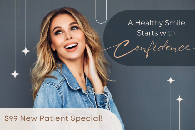 A woman with a smile on her face with the words, a healthy smile starts.