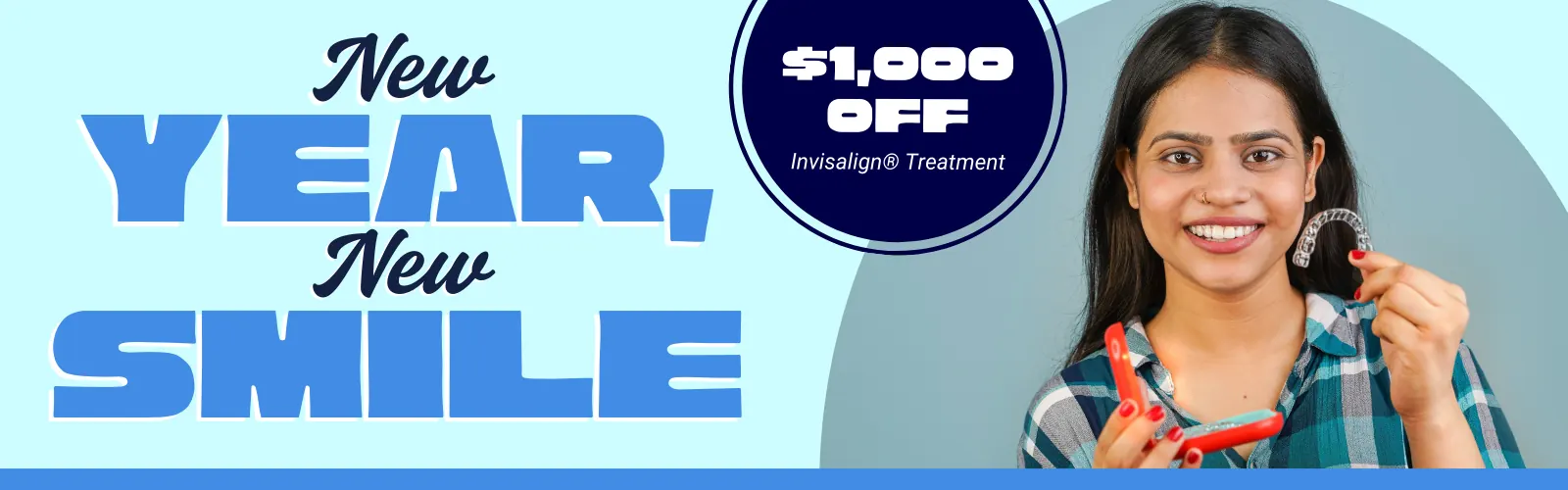Smiling woman holding an Invisalign clear aligner and its red case with text offering $1,000 off Invisalign treatment and saying 'New Year, New Smile'.