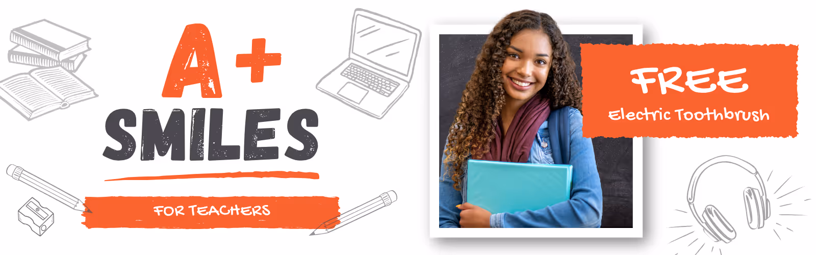 A girl with a book and headphones smiles for the camera.