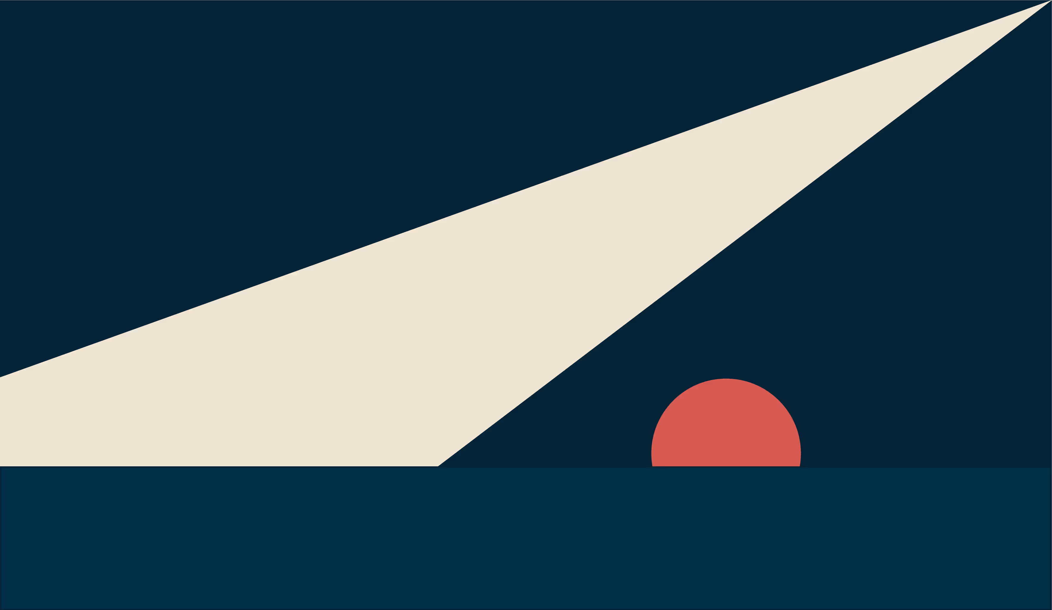 Red ball on calm sea, light beam in distance