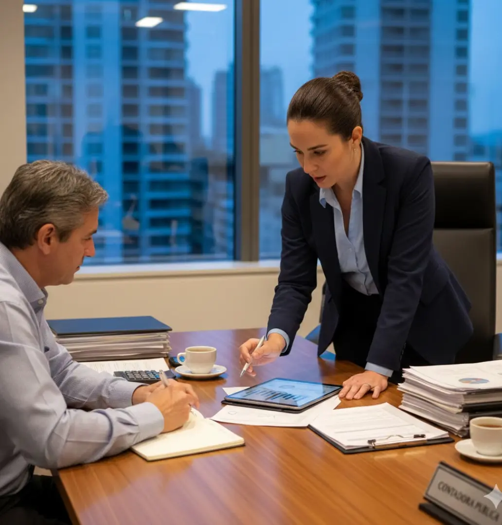 Asesoría contable profesional revisando información financiera en oficina