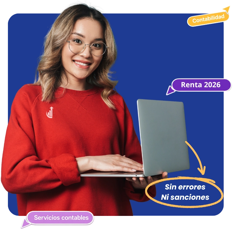 Mujer sonriendo con suéter rojo sostiene una laptop, texto: Renta 2026, contabilidad, sin errores ni sanciones.