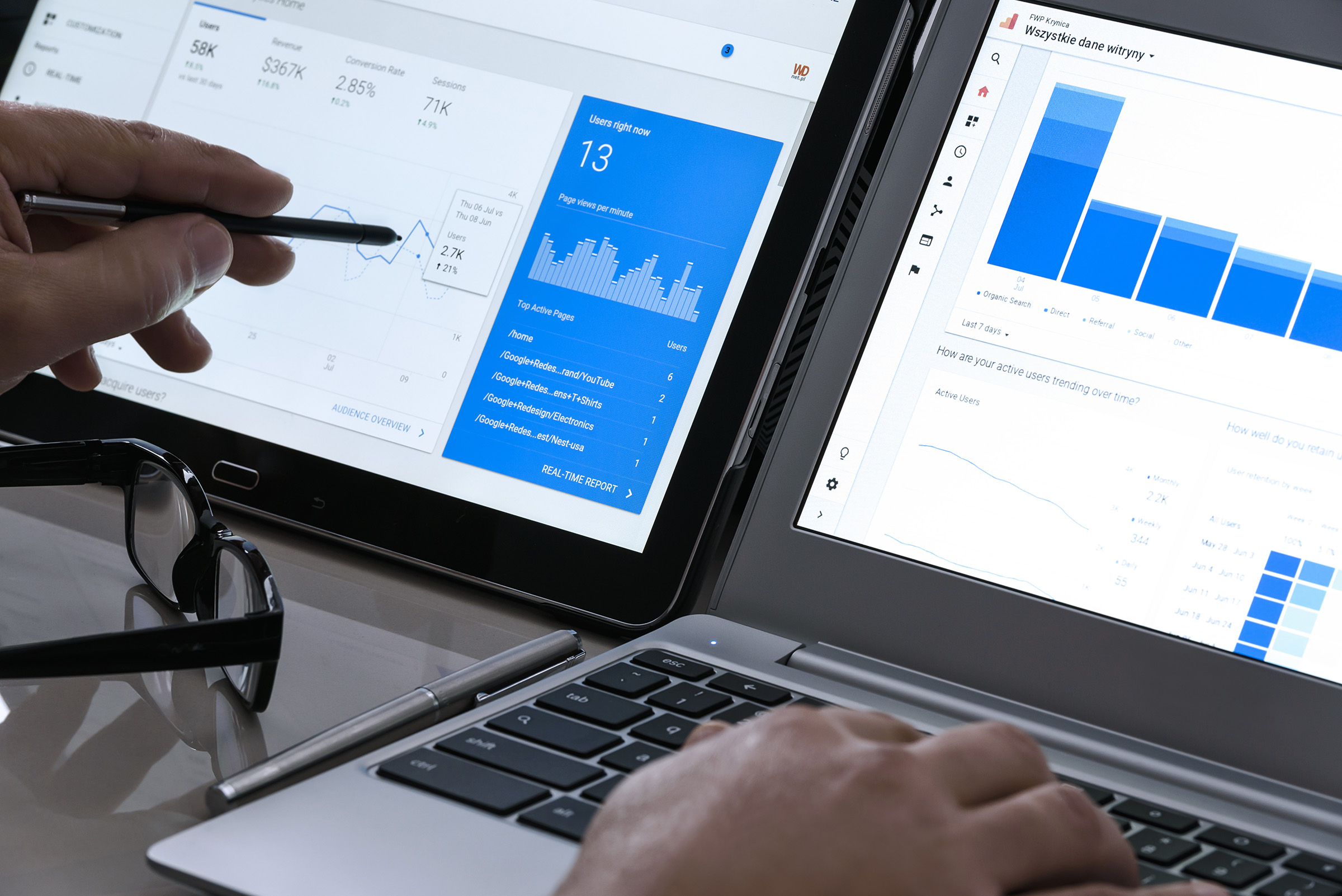 Close-up of hands analyzing website performance data on Google Analytics dashboards displayed on a tablet and laptop, with glasses and pen nearby.