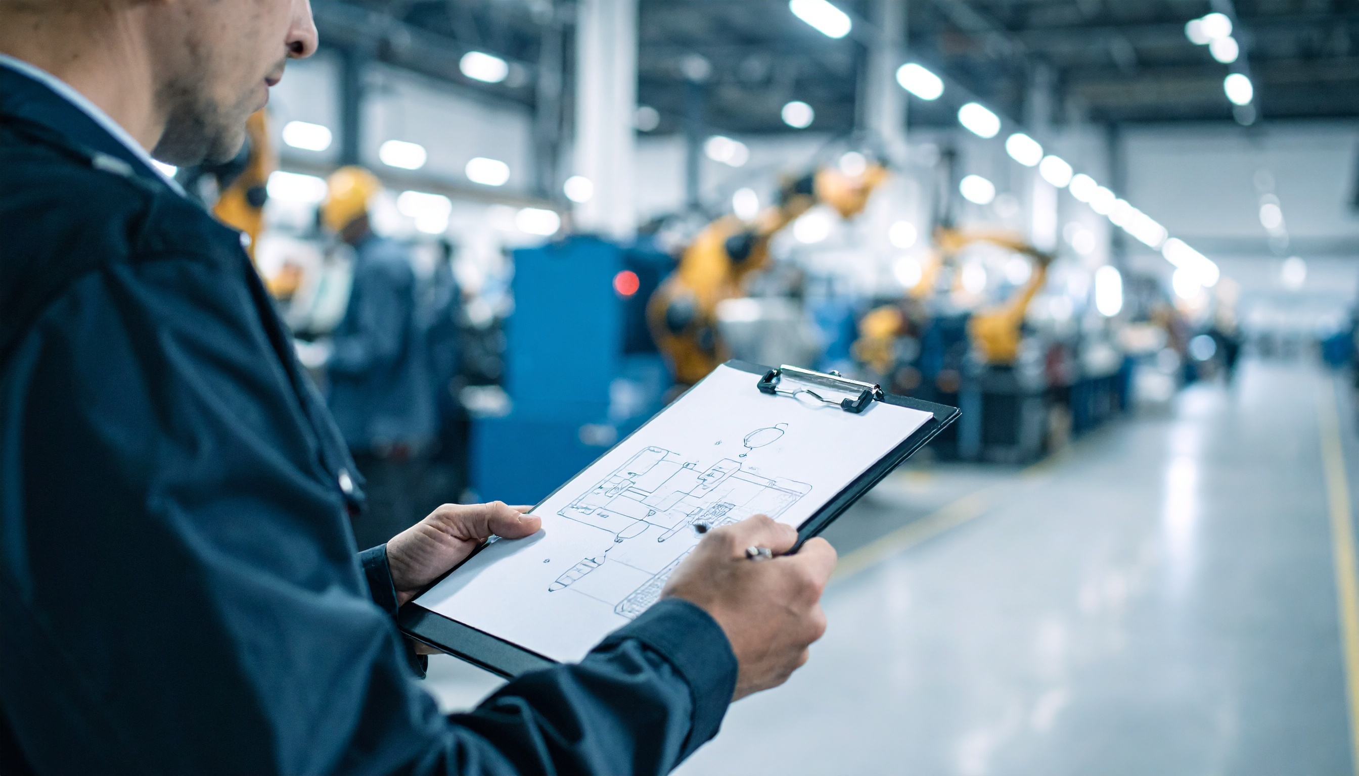 Quality assurance specialist reviewing technical drawings on a clipboard in a modern manufacturing facility with robotic machinery in the background.