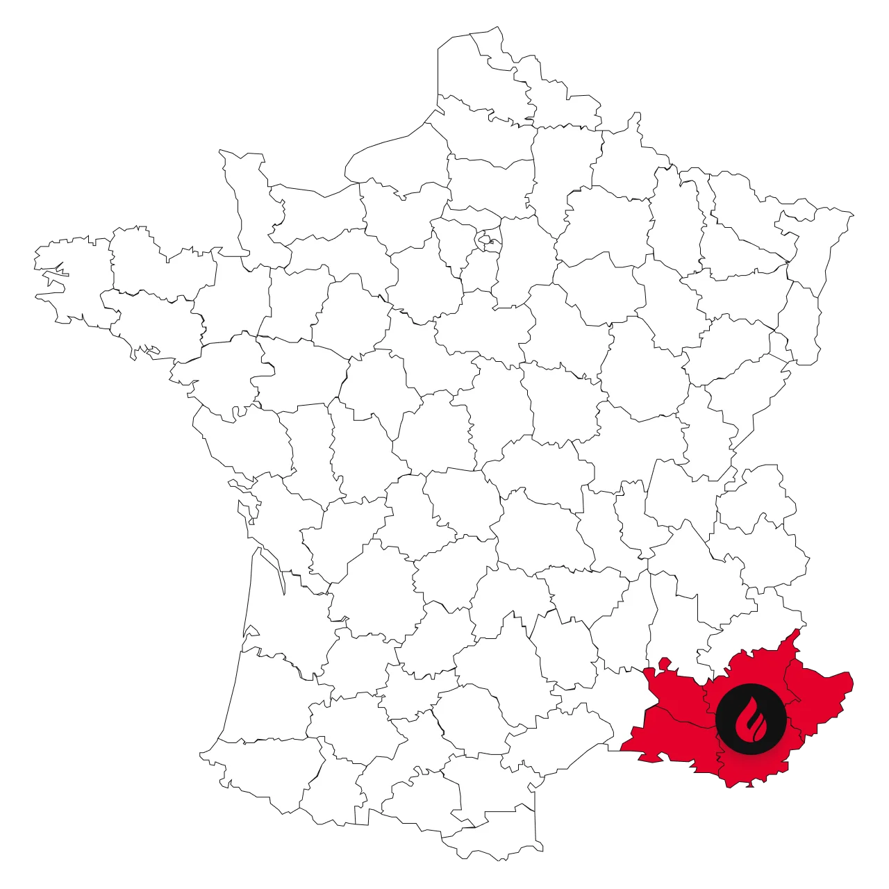 Carte de la France avec la région Provence-Alpes-Côte d'Azur en rouge, symbole de flamme noire.
