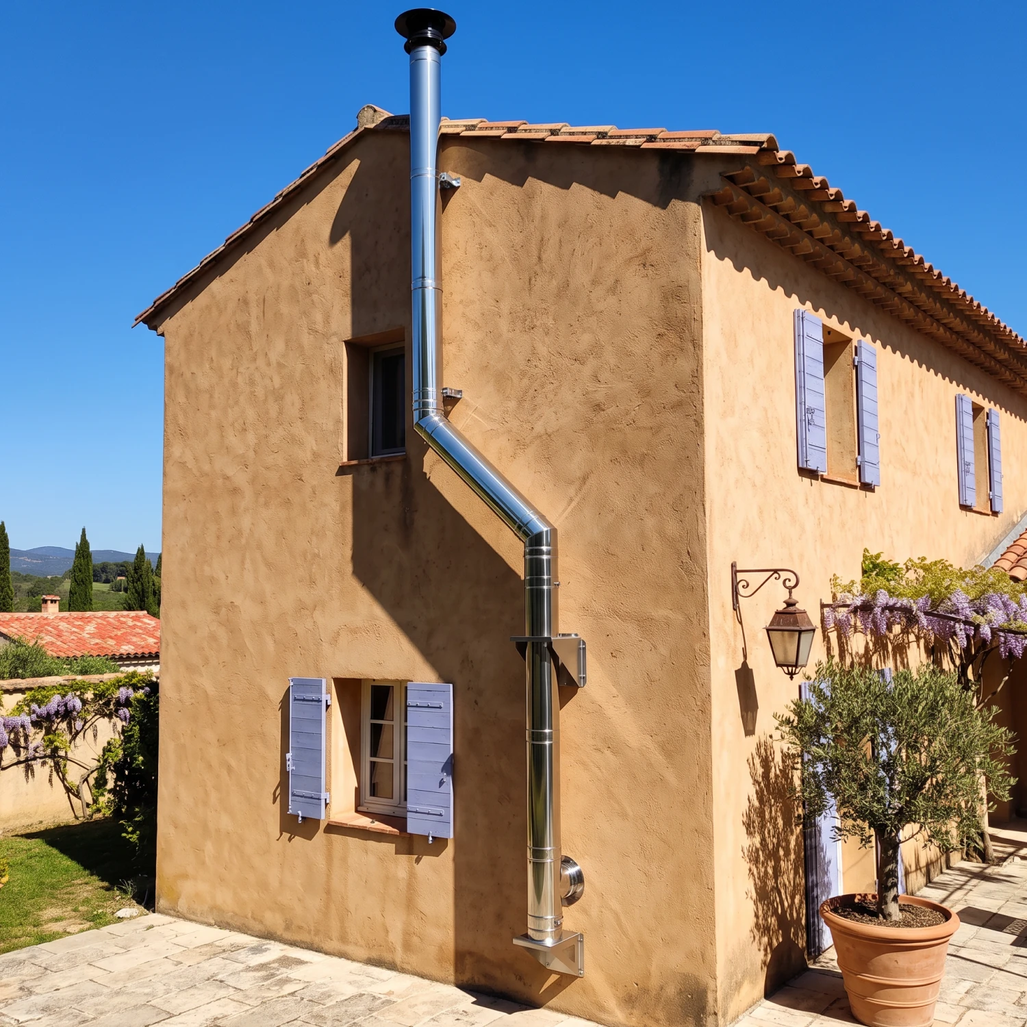 Maison en pierre avec volets lilas et conduit de cheminée en métal extérieur sous ciel bleu.