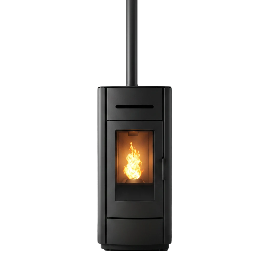 Poêle à granulés moderne noir en 3D avec une flamme visible derrière une porte en verre.