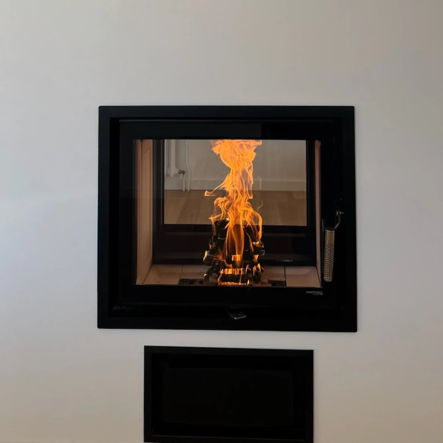 Cheminée encastrée noire avec feu de bois brûlant et flammes visibles derrière une vitre.