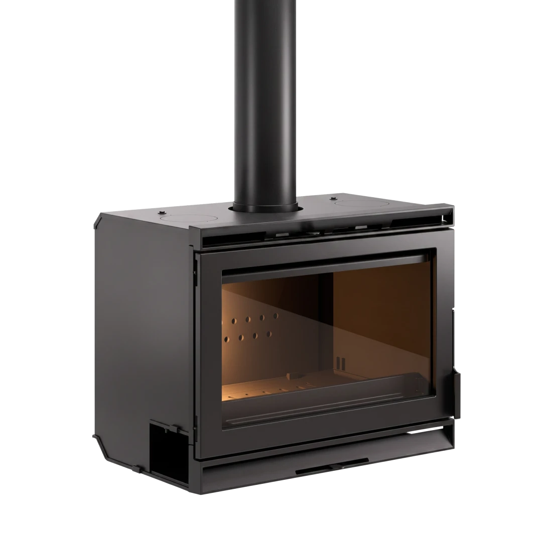 Insert à bois noir moderne avec porte vitrée et conduit d'évacuation supérieur