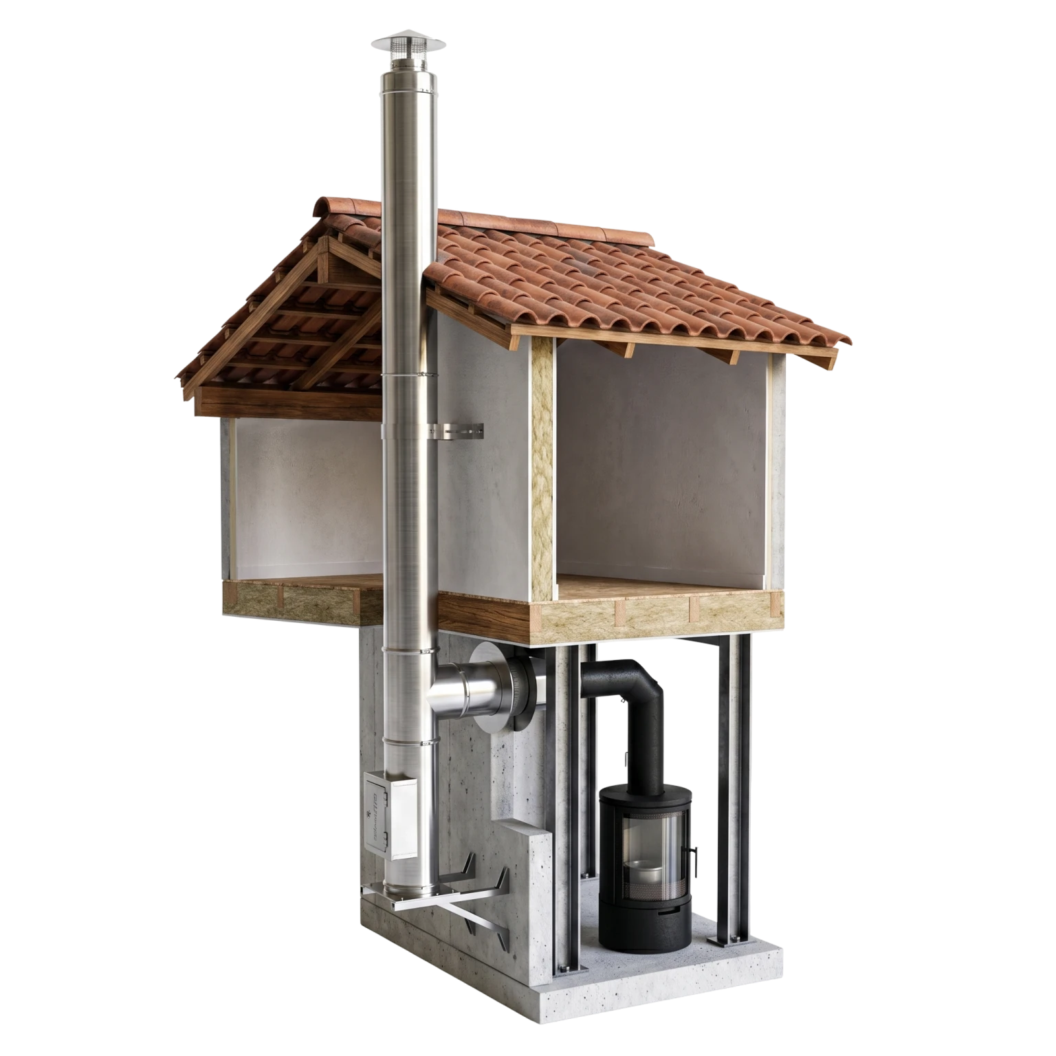 Schéma 3d d'une maison montrant un poêle noir et une cheminée en acier inoxydable extérieure.