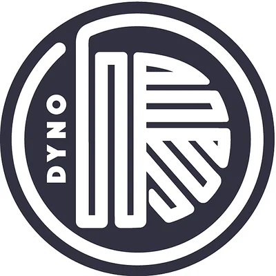 Circular logo with stylized white letters forming DYNO inside a black circle.