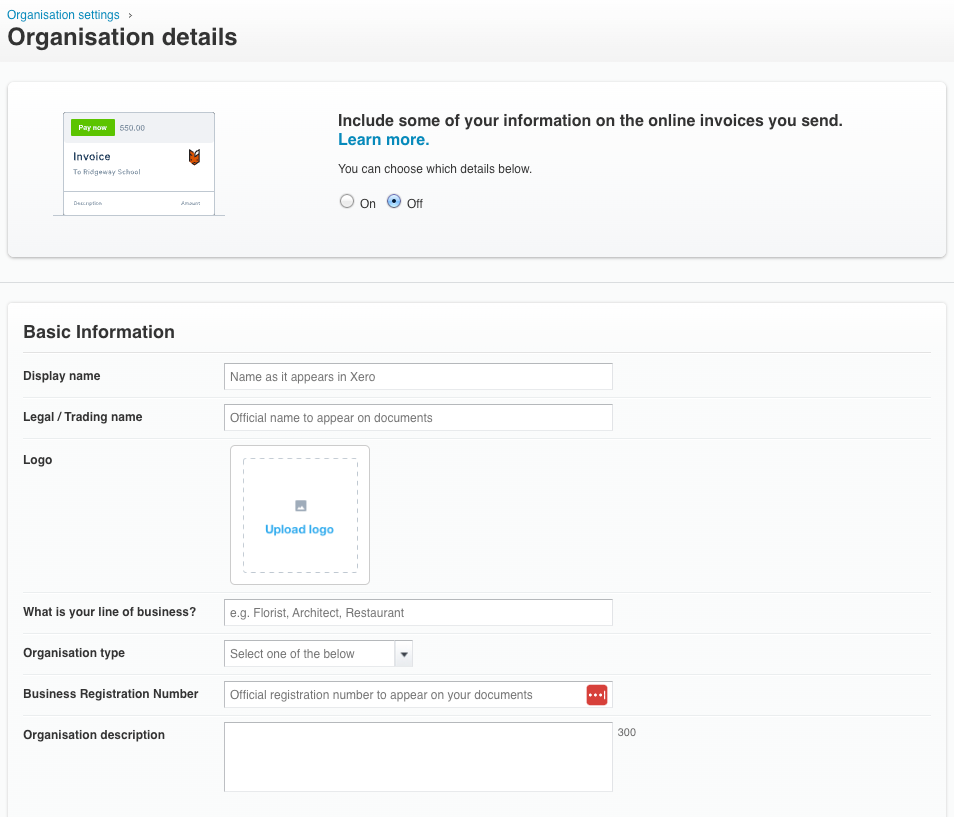 Organisation details screen in Xero to add your business branding and other information