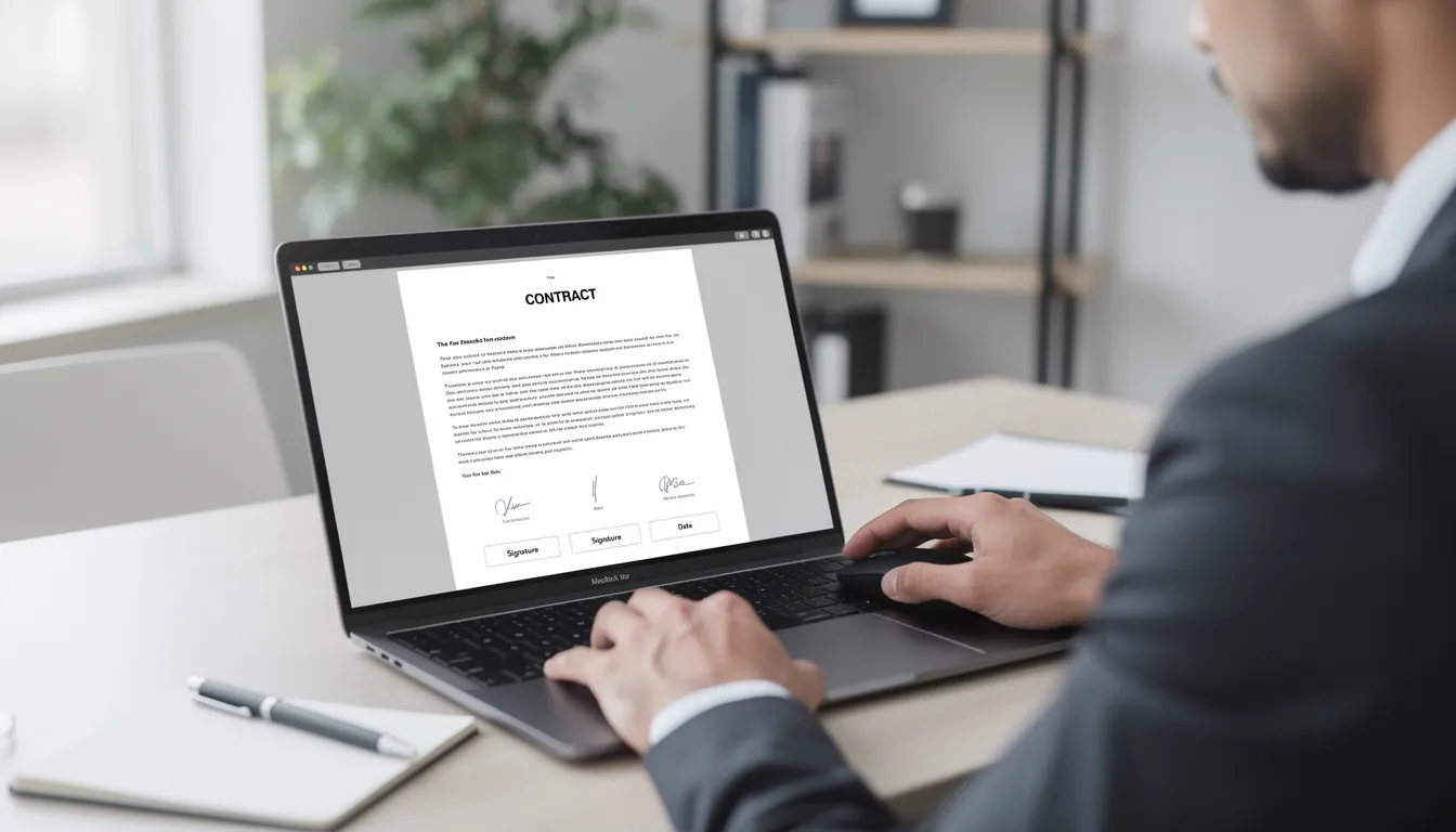 A person is reviewing a digital contract on their laptop, with visible signature fields indicating where electronic signatures are required. The screen displays a user-friendly interface for managing documents, highlighting the importance of secure and legally binding agreements in a digital workflow.